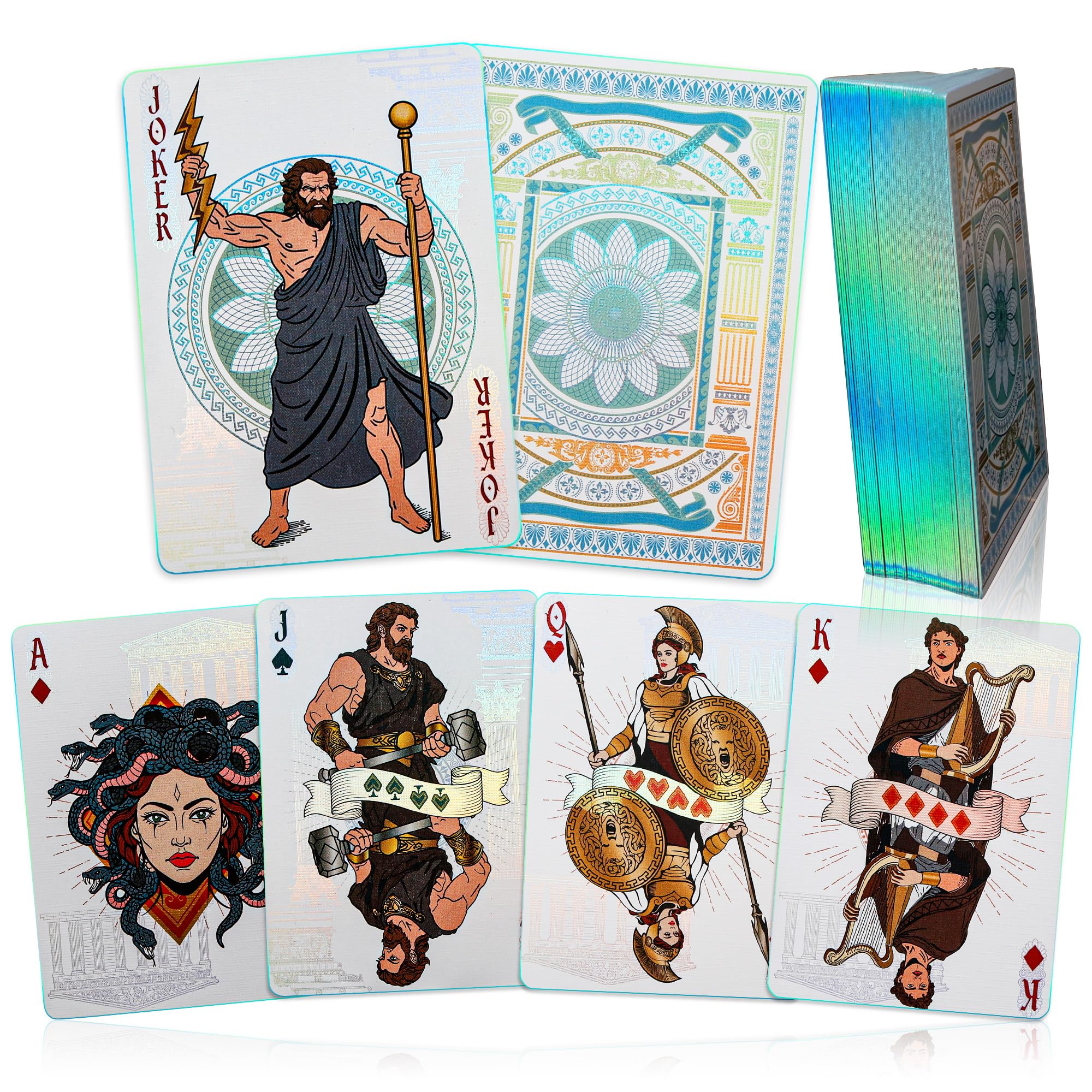 ACELION Greek Mythology Playing Cards – Premium Poker Deck with Silver Holographic Foil Finish & Blue Foil Edges – Luxury Collectible Card Game Set for Adults, Poker Night & Gif
