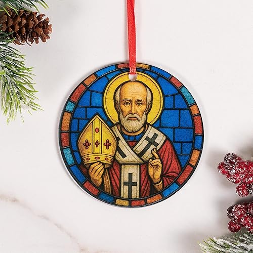 Miniatura 2 de St. Nicholas Bishop - Adorno de Navidad de acrílico - Decoración de árbol de vacaciones católico redondo de 3.5 pulgadas