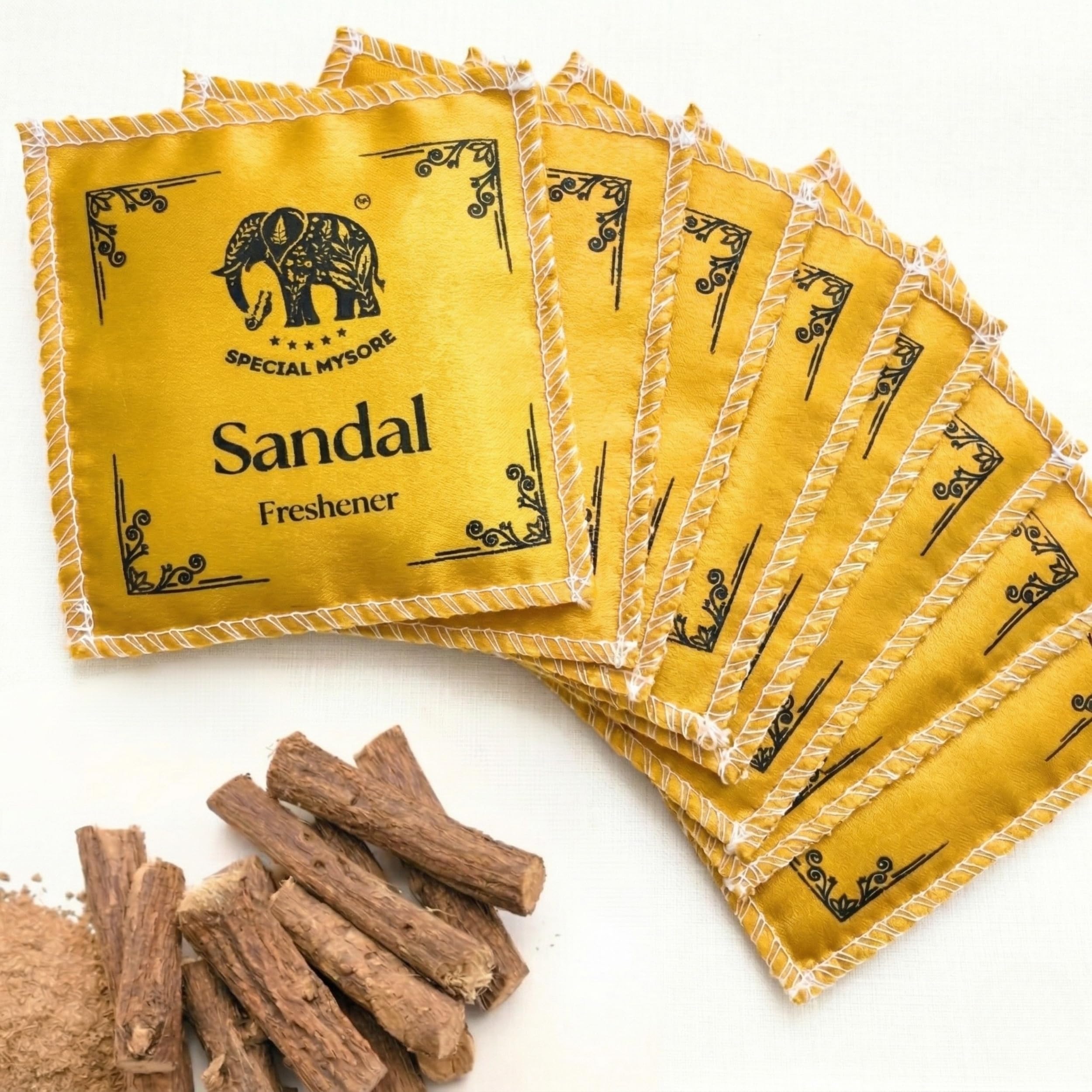 Mysore Sandal Fragrance Sachets (Pack of 8) | Natural Wardrobe Freshener | Eco-Friendly Cloth Pouch | Long-Lasting Sandalwood Aroma for Cupboard, Saree, Car & Drawer-image-1