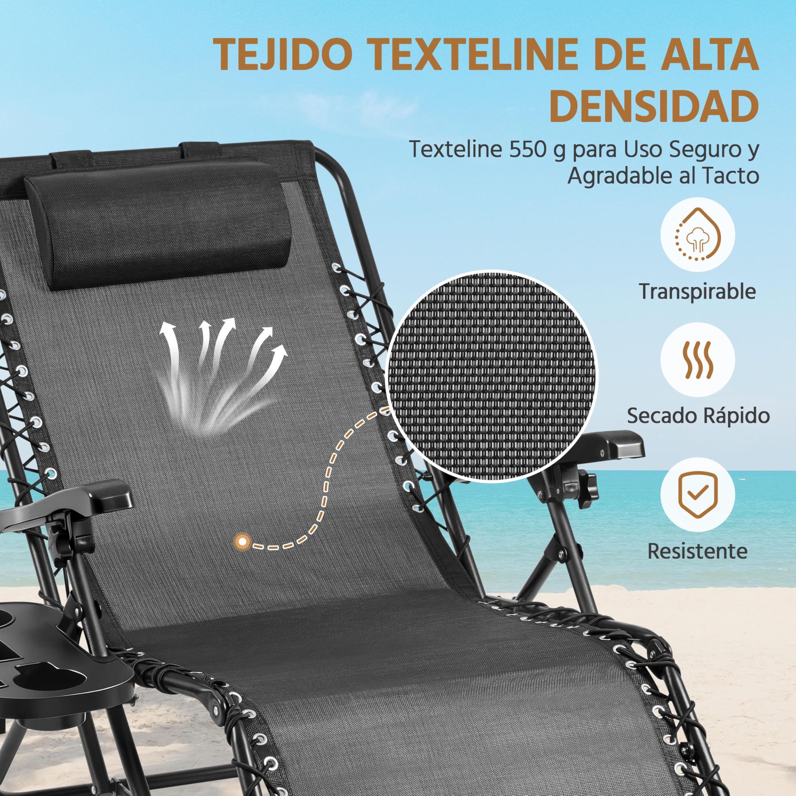 Yaheetech Tumbona Plegable y Resistente, Tumbonas Jardin Exterior, Capacidad de Carga 200kg, Tapizado Ergonómico, Respaldo Ajustable, Cojín Cervical, Portavasos y Cojín para Brazos, Gris Oscuro/Negro — view 8
