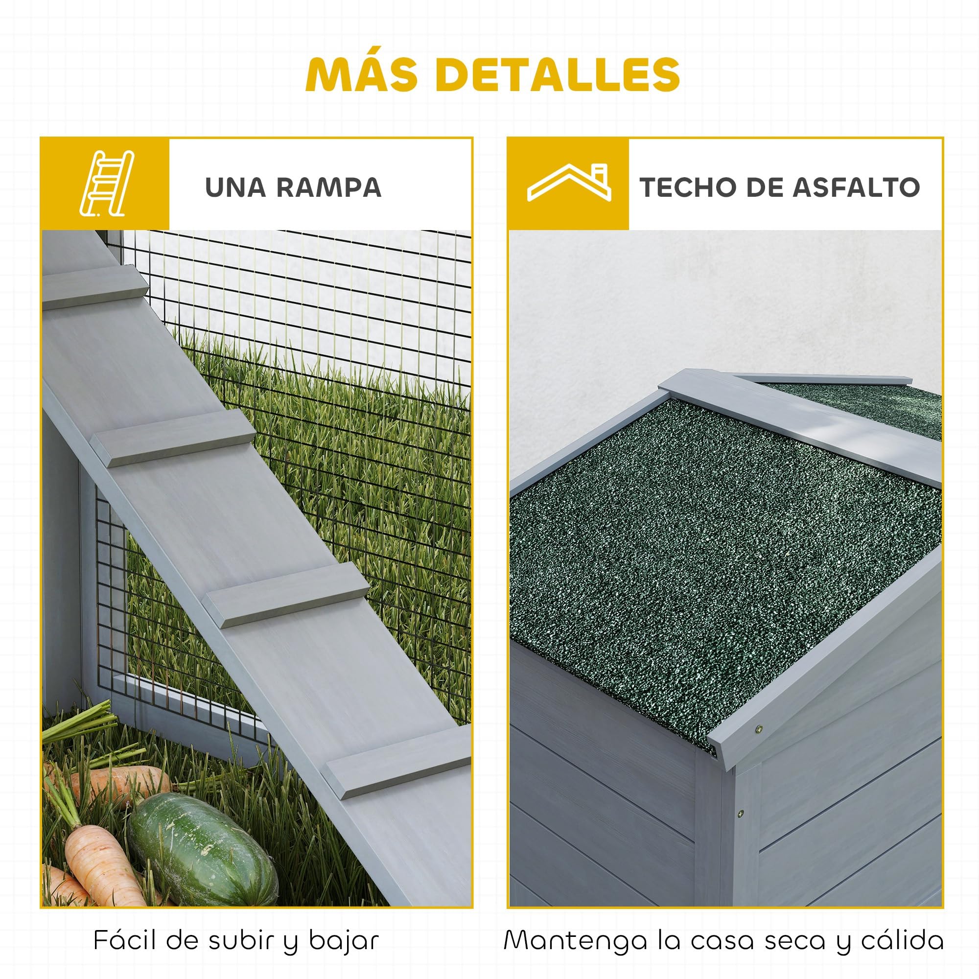 PawHut Conejera de Madera de 2 Niveles, Jaula para Conejos Grande con Techo Asfáltico, Bandeja Extraíble y Escalera, Conejera para Exterior, para Cobayas y Hámsteres, 150x45x85 cm, Gris