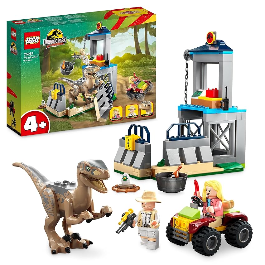 Immagine del prodotto LEGO Jurassic Park La Fuga del Velociraptor, Dinosauro Giocattolo per Bambini da 4 Anni, Set Giochi con Dino, Auto Fuoristrada e 2 Minifigure di Ellie Sattler e Robert Muldoon, Regalo di Pasqua 76957