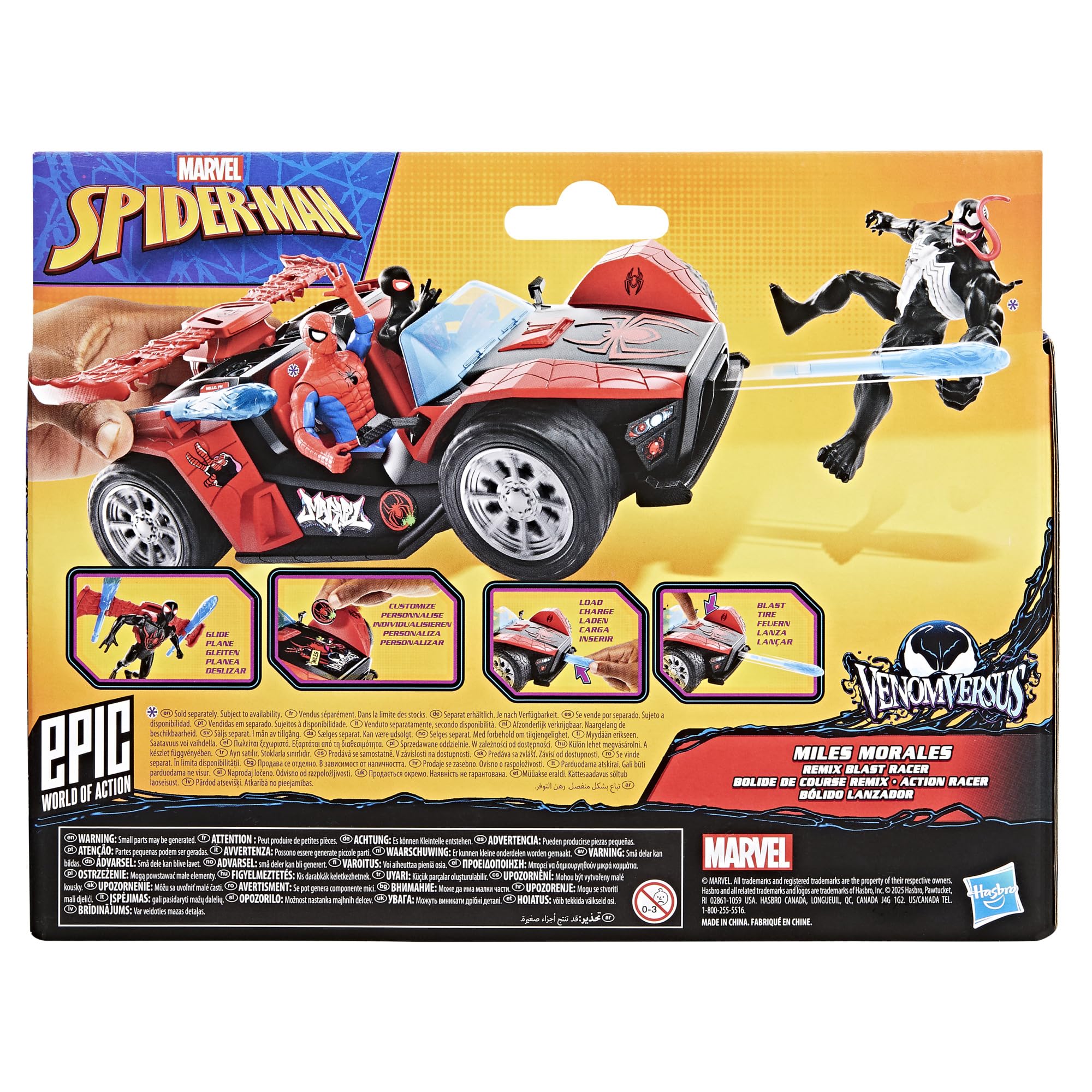 Miles Morales z kolekcji Marvel Spider-Man VenomVersus Epic World of Action ze strzelającą wyścigówką, figurka i zabawkowe auto, zabawki z superbohaterami, wiek: od 4 lat