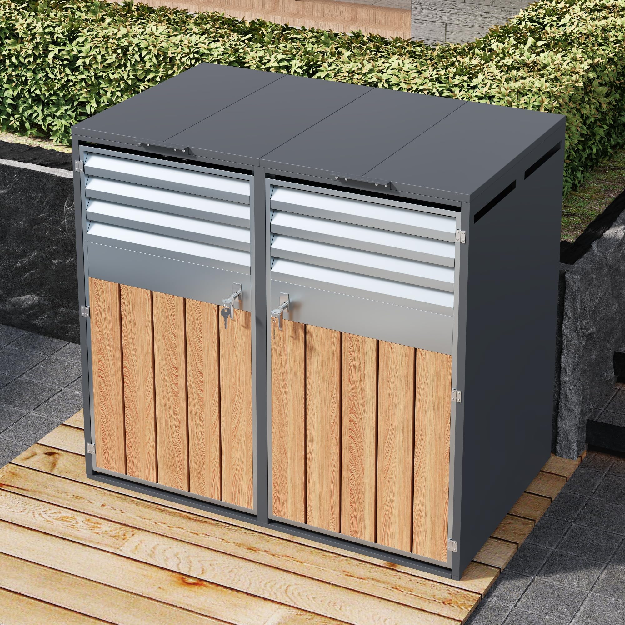 Merax Cache-poubelles 2 avec couvercle à charnière, armoire verrouillable en acier galvanisé, revêtement de poubelles avec ouverture d'aération et lamelles, deux portes
