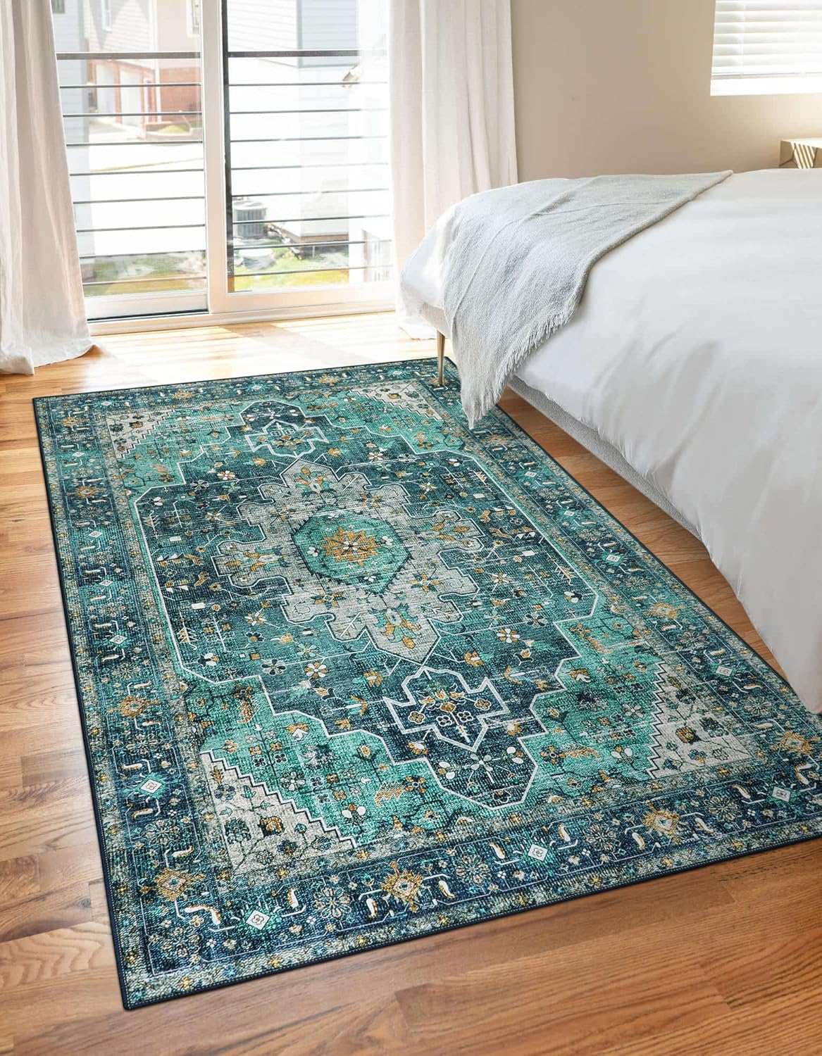 Moynesa Ultra-Thin Washable Vintage Area Rug - 3x5 Boho Entry Throw Rug Non-Slip Oriental Medallion Bedroom Mat Non-Shedding Indoor Floor Carpet for Living Laundry Room, Teal/Mutil