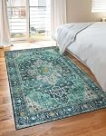 Moynesa Ultra Rug de la région vintage lavable, 3x5 Vieille entrée Rug Non Slip Oriental Médaillon Mat de chambre Non Shedding Tapis intérieur pour salon de blanchisserie, Teal/Mutil