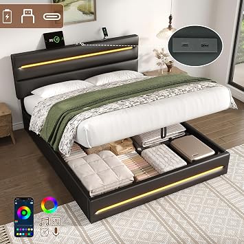 Upholstered Ottoman Bed with LED Lighting & Charging Station, 4ft6 Double Bed Frame with LED Adjustable Headboard, PU Functional Hydraulic Gas Lift Up Storage Beds with Wooden Slats,No Mattress,Black