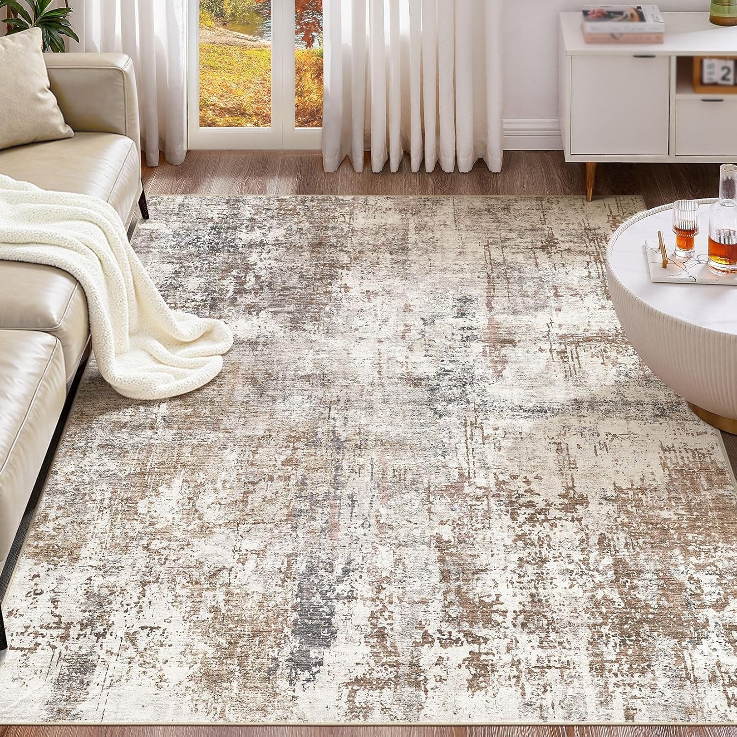 Tapis de zone salon abstrait vintage beige 140x160cm design moderne