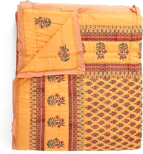 Miniatura 1 de Saffron Marigold Manta reversible acolchada naranja, tamaño Queen, hecha a mano, con bloques a mano, estampado indio de verano, de gasa de algodón,
