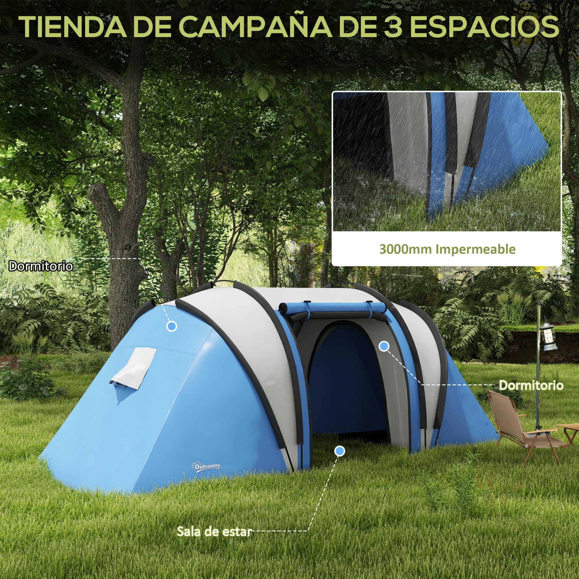 Outsunny Tienda de Campaña Familiar para 4-5 Personas Tienda de Acampada de Túnel Impermeable 3000 mm con 2 Dormitorios Bolsa de Transporte y Gancho para Pescar Senderismo