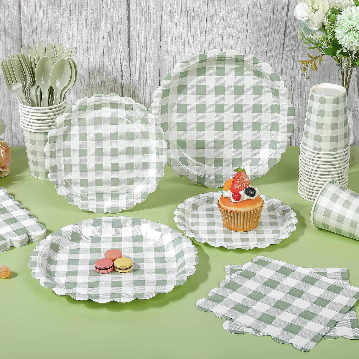 200 Pcs Gingham Party Supplies Sage Green Gingham Paper Plates and Napkins Set Disposable Green and White plaid Scalloped Paper Plates Checkered Dinner Party Set Cutlery for Baby Shower Wedding BBQ - Image 3