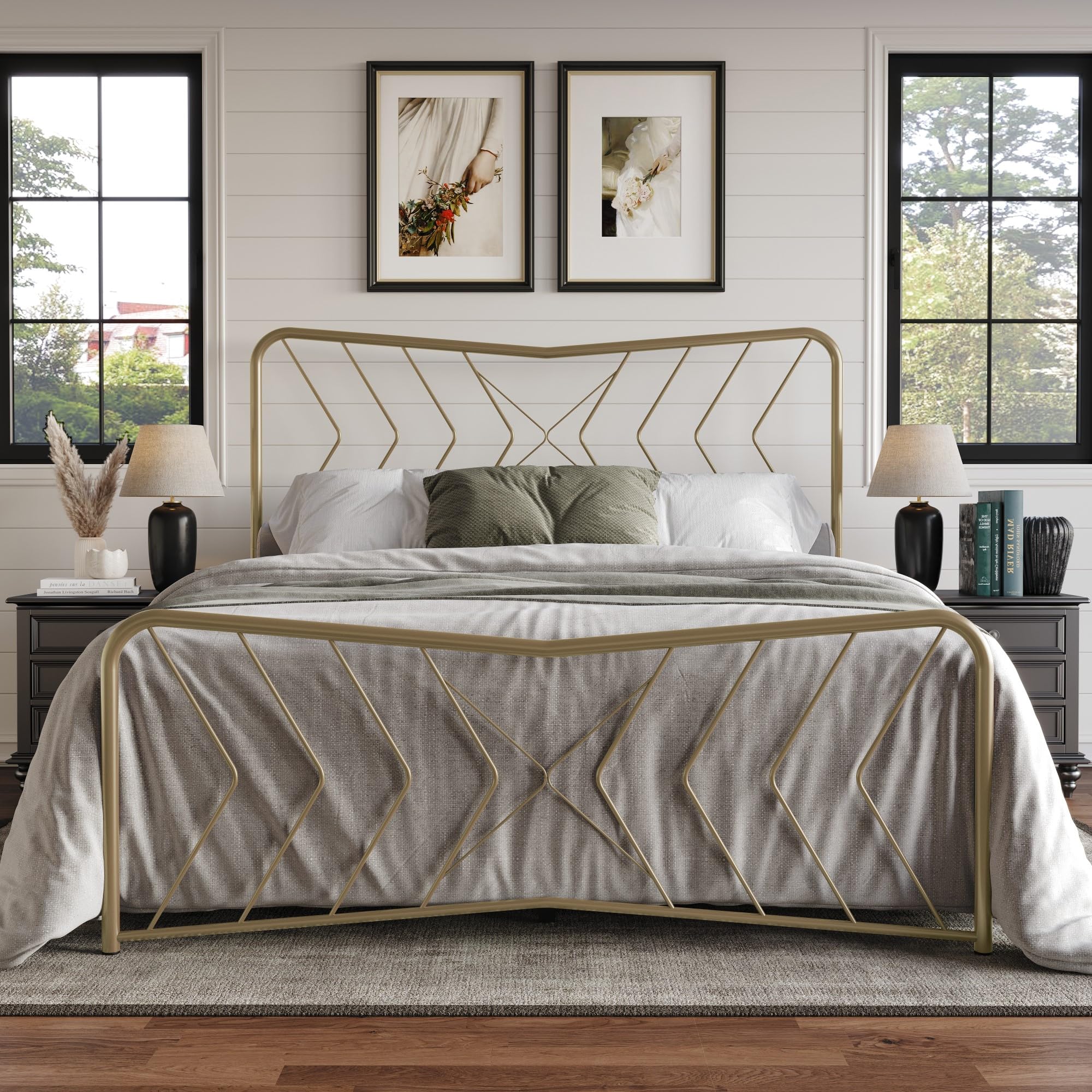 HOME DESIGN Fargo King Size Metal Bed Frame, Minimalist Headboard and Footboard Design, Sturdy Metal Construction, Easy Assembly, Transitional, Gold