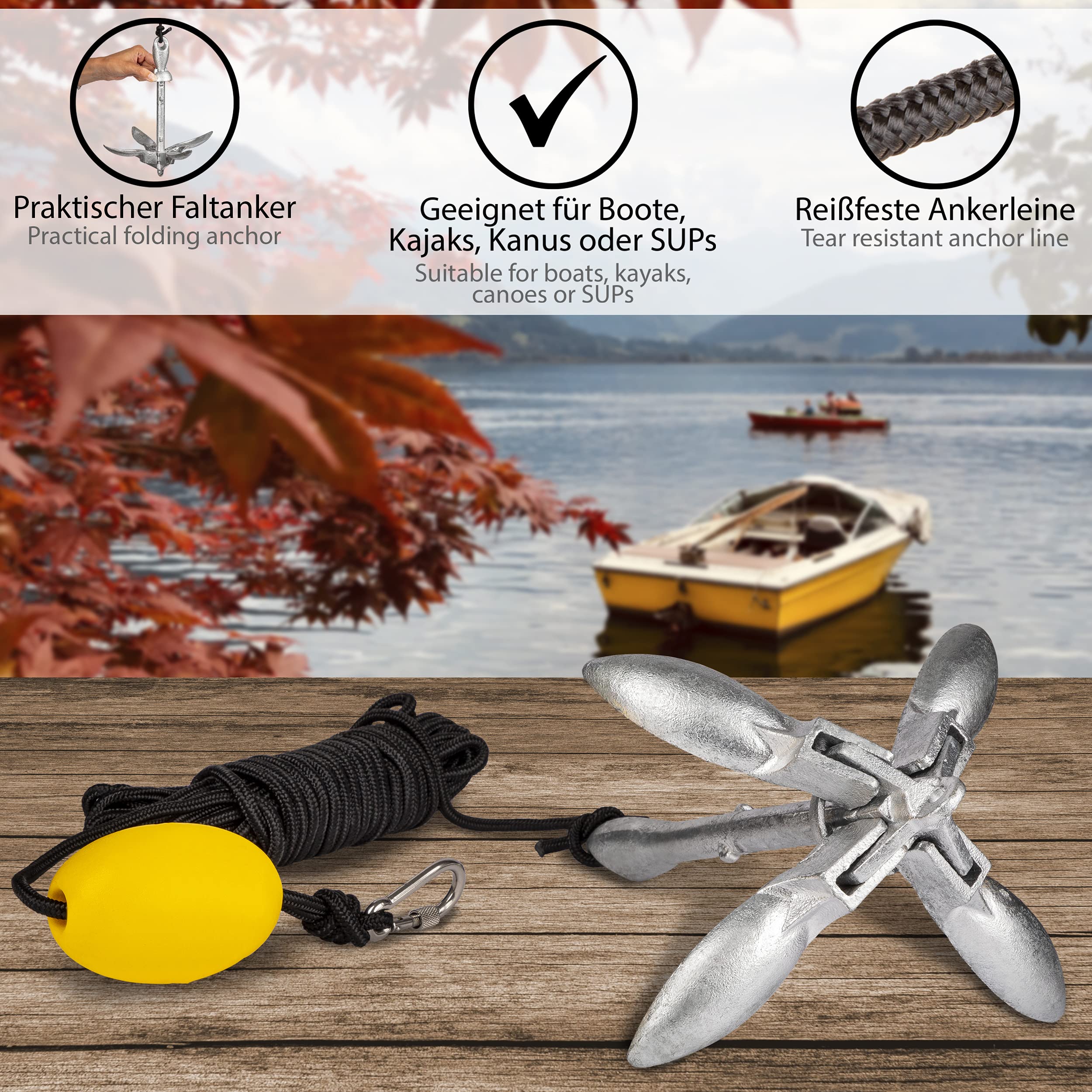ONVAYA® Bootsanker | Klappanker | Set inklusive Ankerleine mit Karabiner, Ankerboje und Transportbeutel | Faltanker | Anker für Boot, Schlauchboot, SUP, Kajak, Kanu
