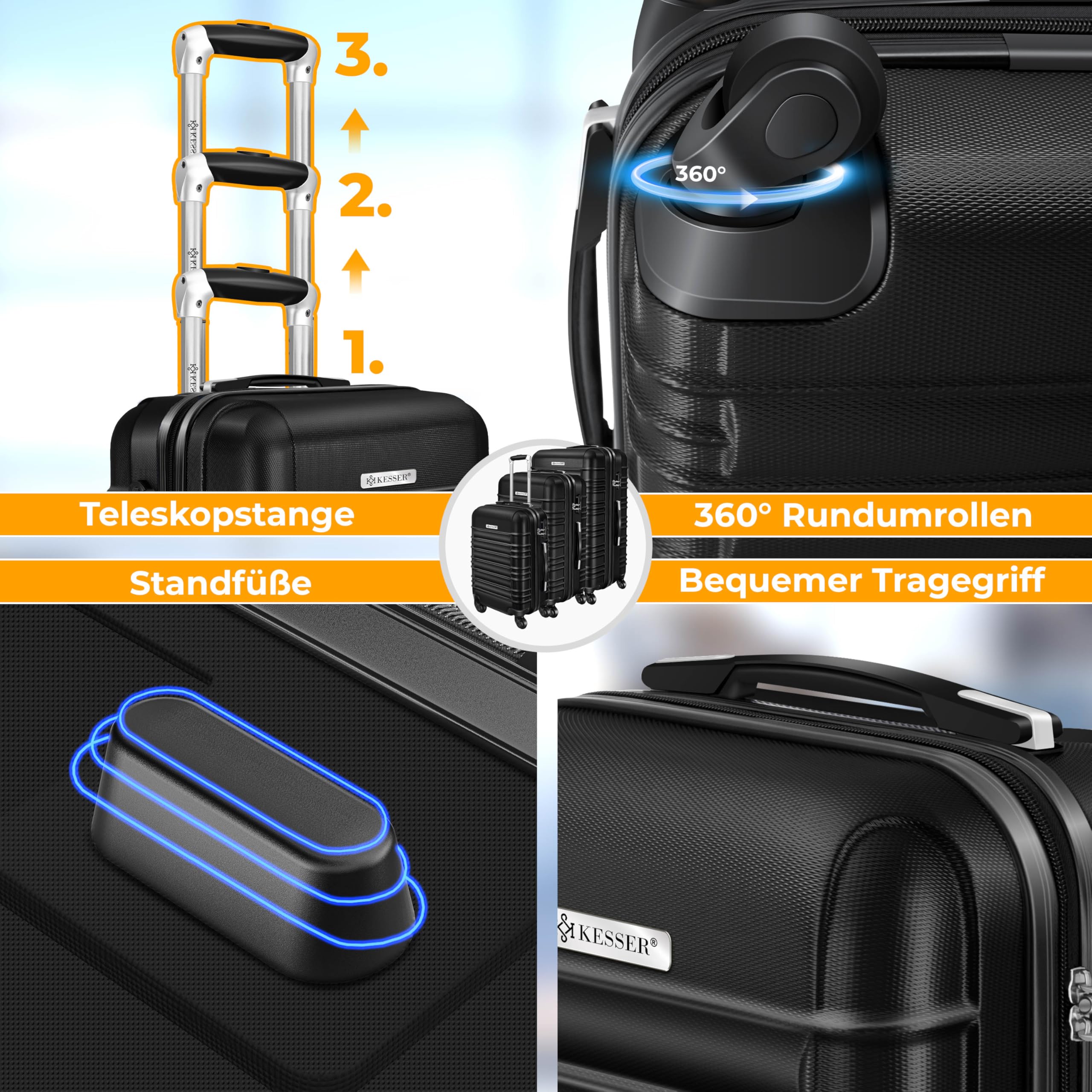 KESSER® 3tlg. Hartschalenkofferset Hartschalenkoffer Reisekoffer Set Reisekofferset Trolley Koffer 4 Rollen ABS-Hartschale Teleskopgriff Inkl. Kofferwaage + Gepäckanhänger Rollkoffer Schloss, M-L-XL