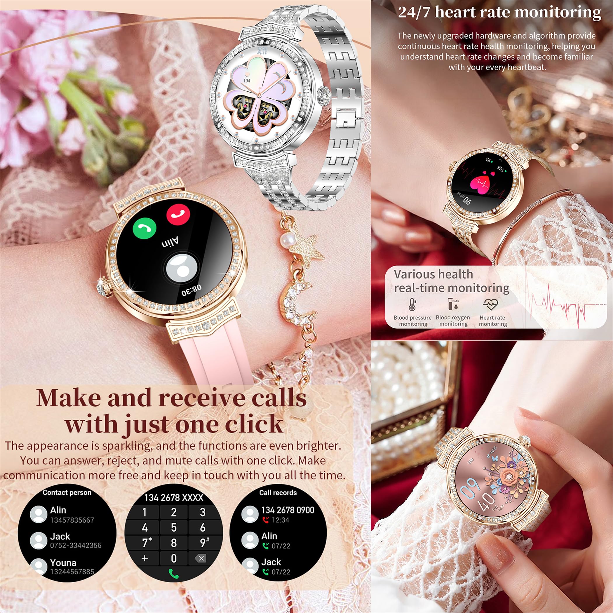Orologio intelligente da donna con chiamate Bluetooth, display touch AMOLED da 1,32", 5 ATM, con misurazione della pressione sanguigna SpO2, contapassi, monitor del sonno, orologio fitness per