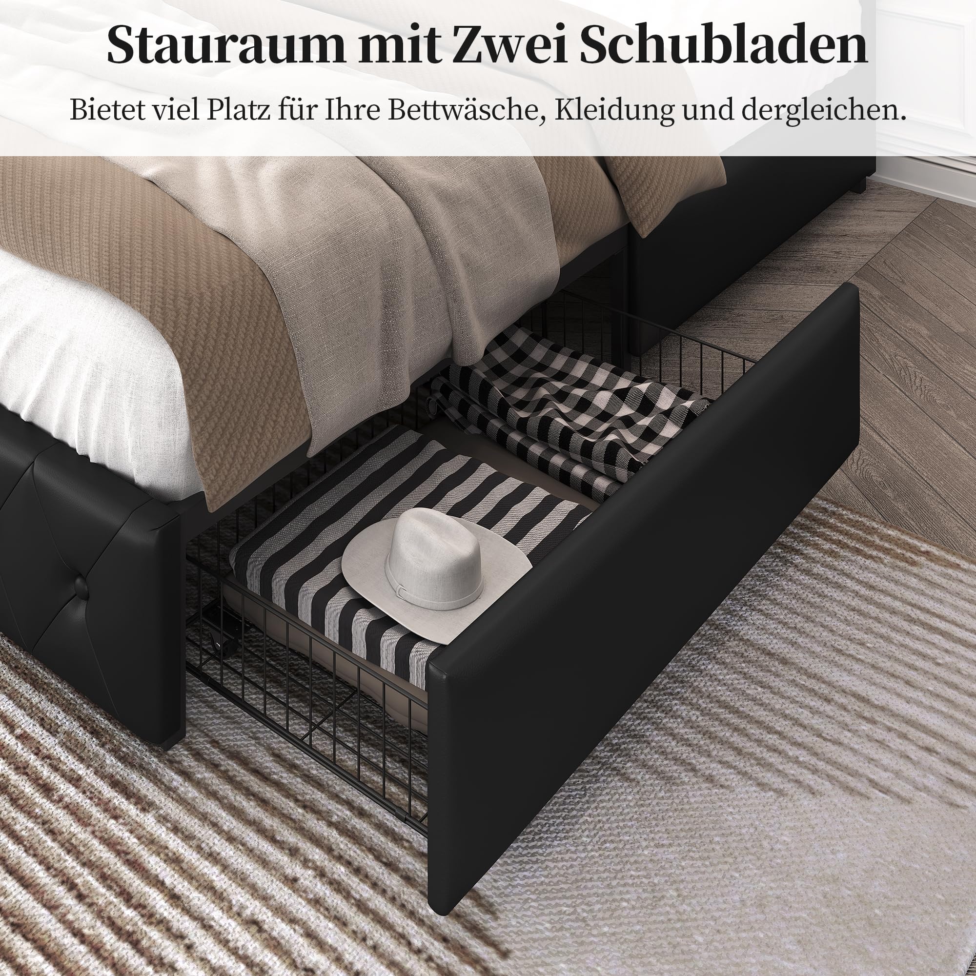 Yaheetech Polsterbett 140 x 200 cm Doppelbett Bettrahmen mit 2 Schubladen | Höhenverstellbares Kopfteil Jugendbett Gepolstertes Bett mit Lattenrost viel Stauraum, Schwarz