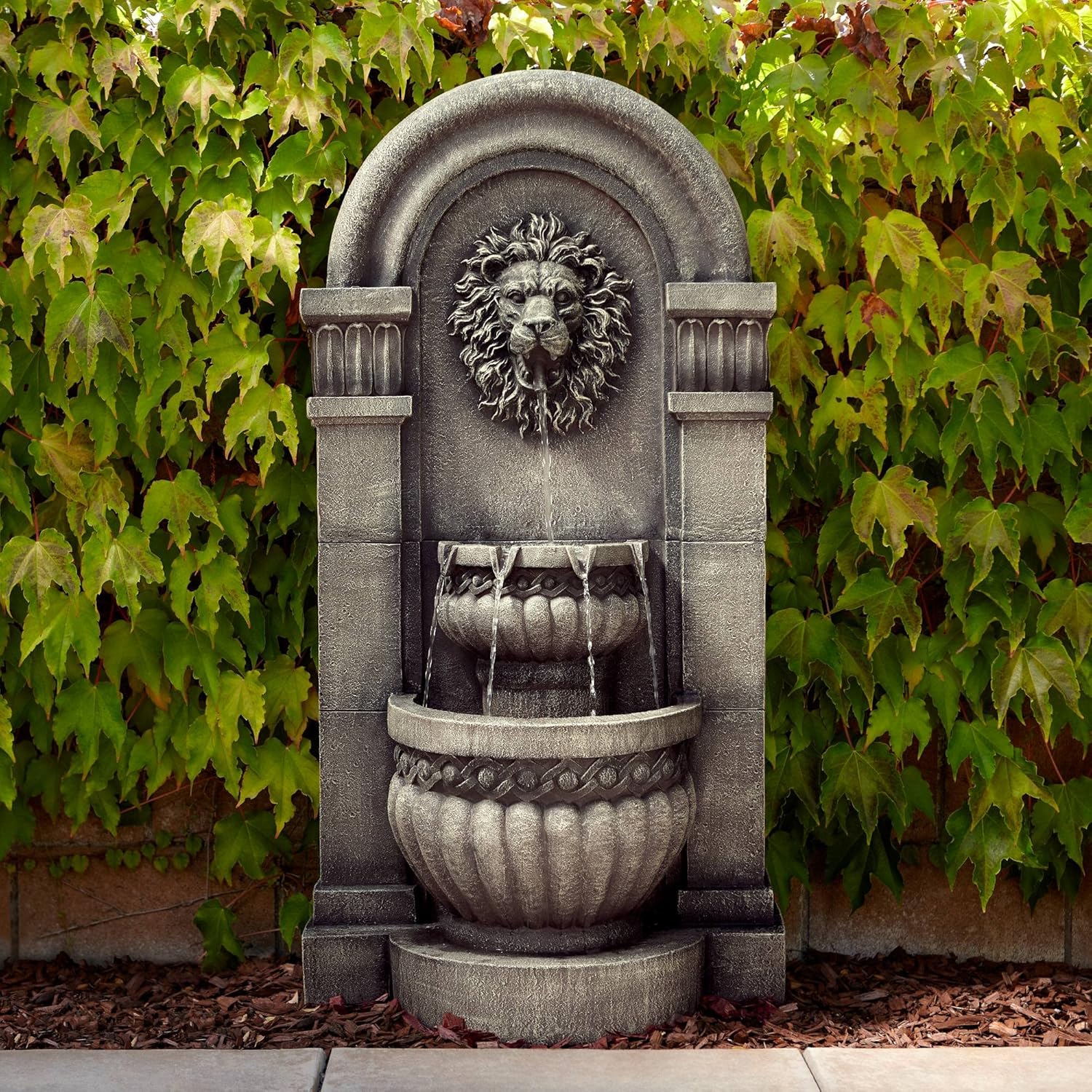 Roman Lion Face Gray Resin 50" Outdoor Floor Water Fountain with LED Light