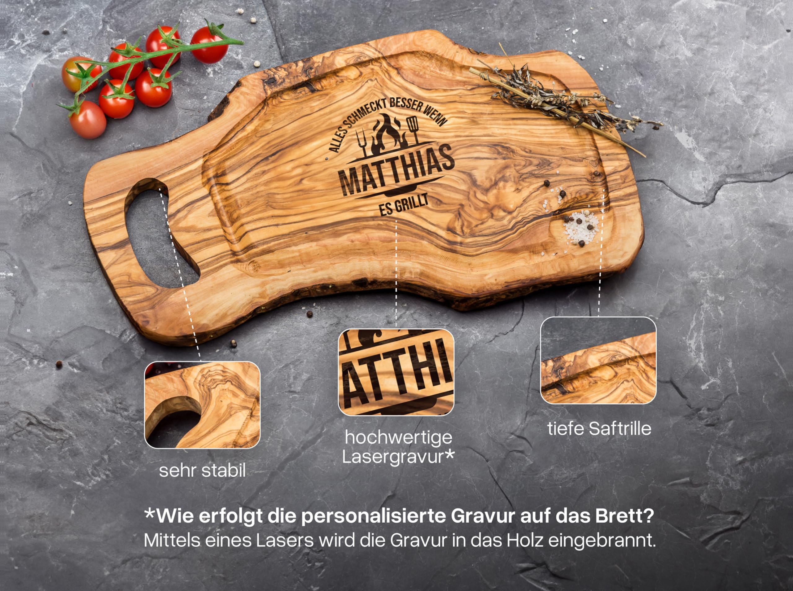 Schneidebrett Personalisiert | Olivenholz | Steakbrett | Grillbrett | Grill Geschenke für Männer | Grill Zubehör | Holz Schneidebrett Individuelles Geschenk Männer | Olivenholzbrett Gravur