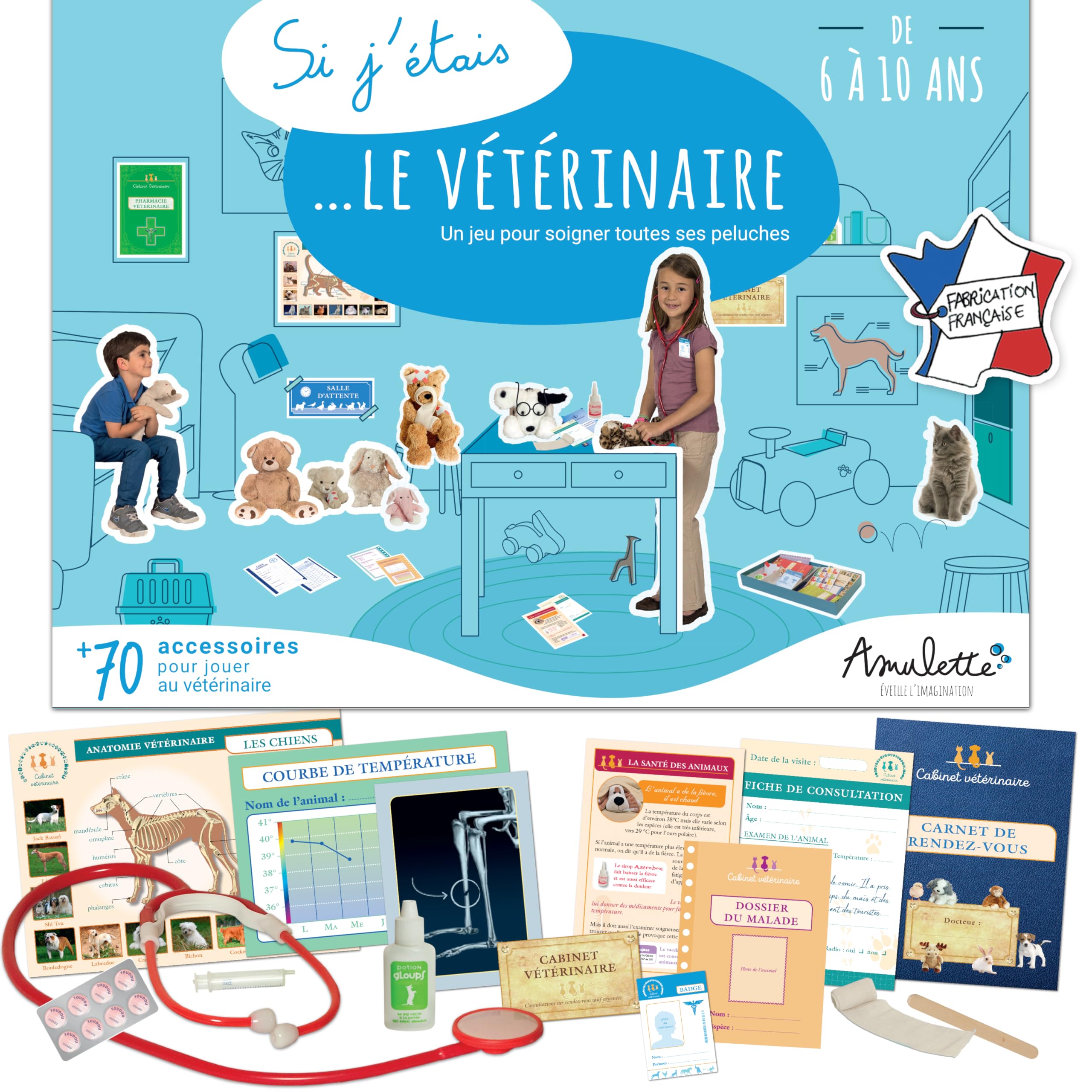 Amulette - Coffret Si J'étais Vétérinaire - Jeu Éducatif 6 à 10 Ans - 70+ Accessoires pour Jouer à Soigner Les Animaux - Jouet Cadeau Enfant Fille Garçon Métier - Fabriqué en France - Veto