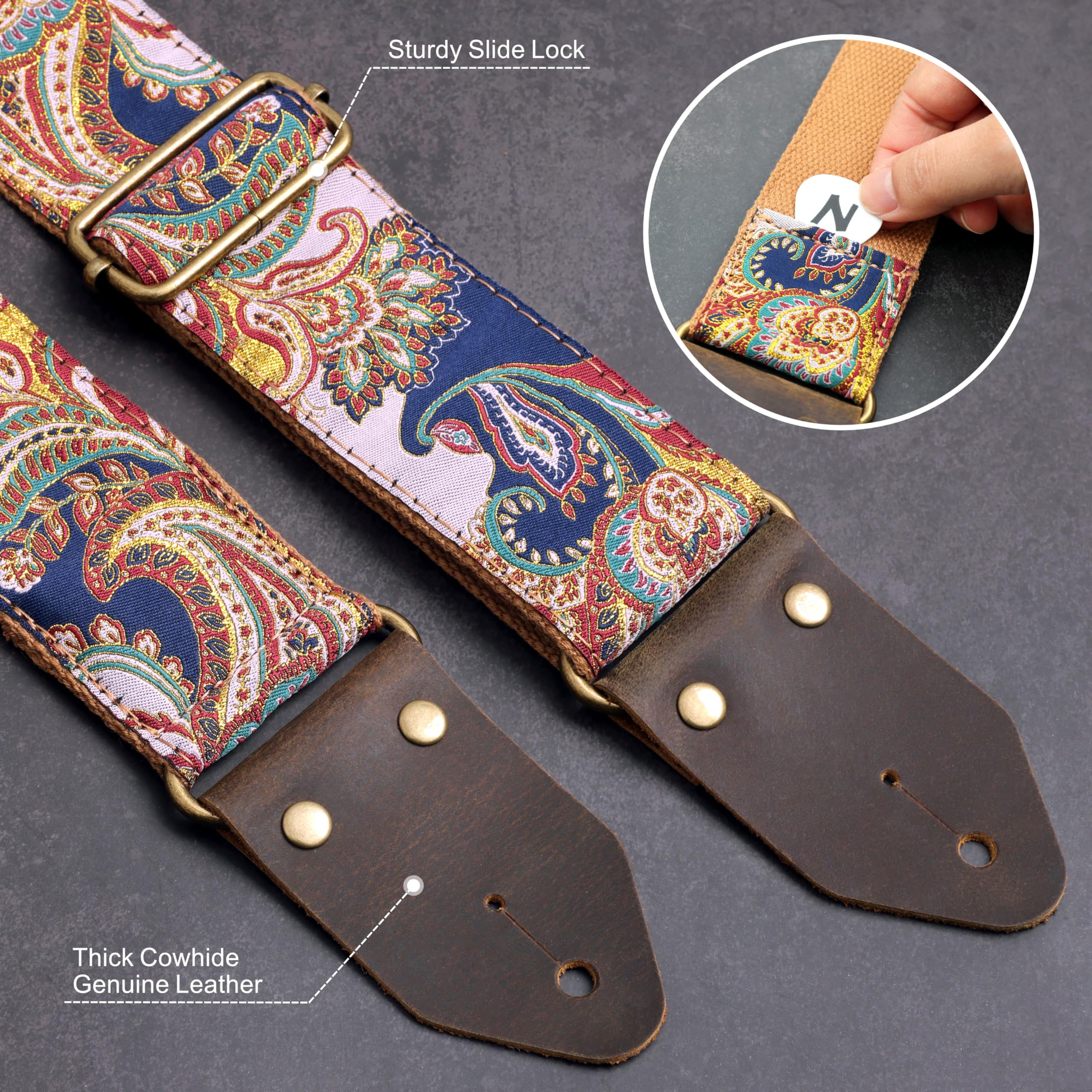 Nefelibata Guitar Strap,Crazy Horse Leather Jacquard Embroidery Cotton Guitar Straps for Bass Electric & Acoustic - Image 3