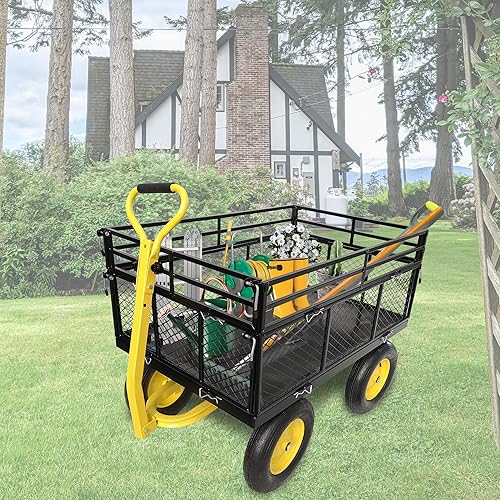 Miniatura 7 de Carrito de jardín de acero, resistente capacidad de 1400 libras, con lados de malla extraíbles para convertir en plataforma plana, carro de metal