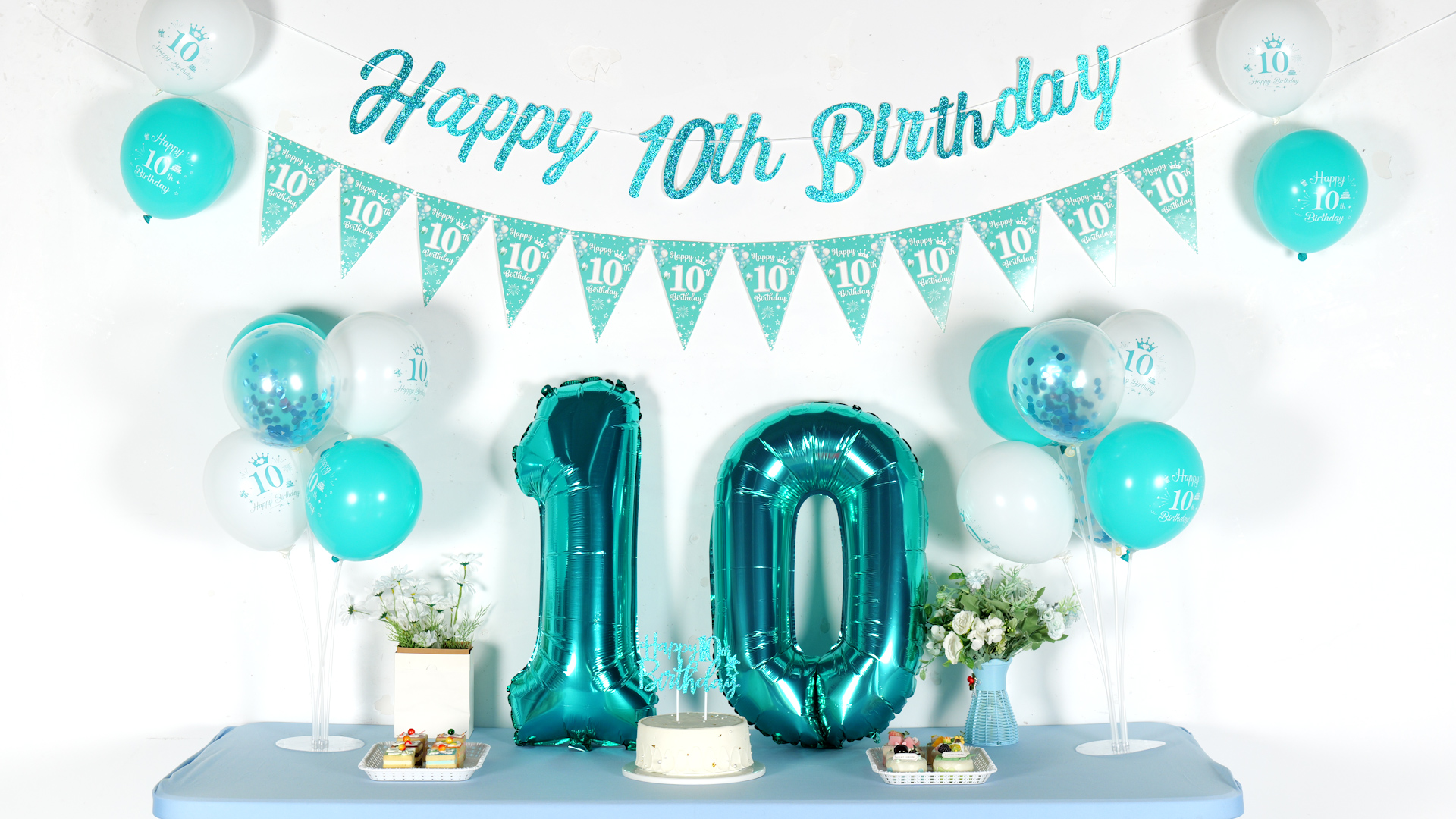 10. Geburtstag Dekoration Für Mädchen - Blaugrüne Party Deko Mit Wimpelkette & Ballons