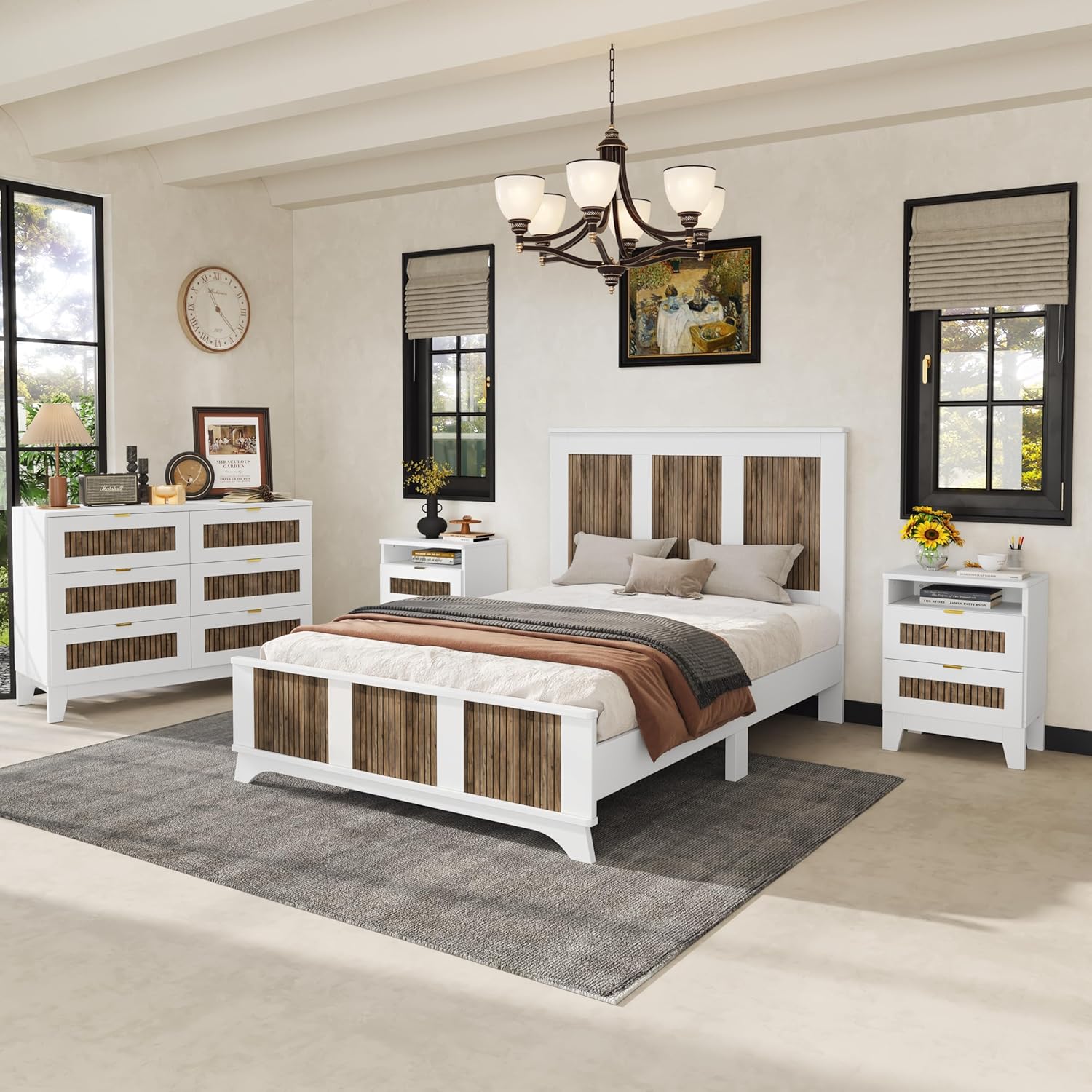 4 Pieces Bedroom Sets Full Size Farmhouse Platform Bed with Wooden Strip Decoration, 2 Storage Nightstands and A 6-Drawer Dresser with Metal Handle for Kids Teens Adults - White