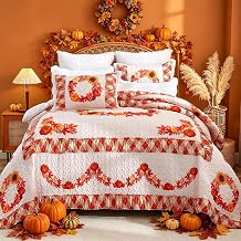Cmfshape Halloween Quilt Set King Size,Orange Reversible Quilt Bedding Set,Pumpkin Festival Themed Bedspread,Decorative Bedding Coverlet for Thanksgiving,106"x96"
