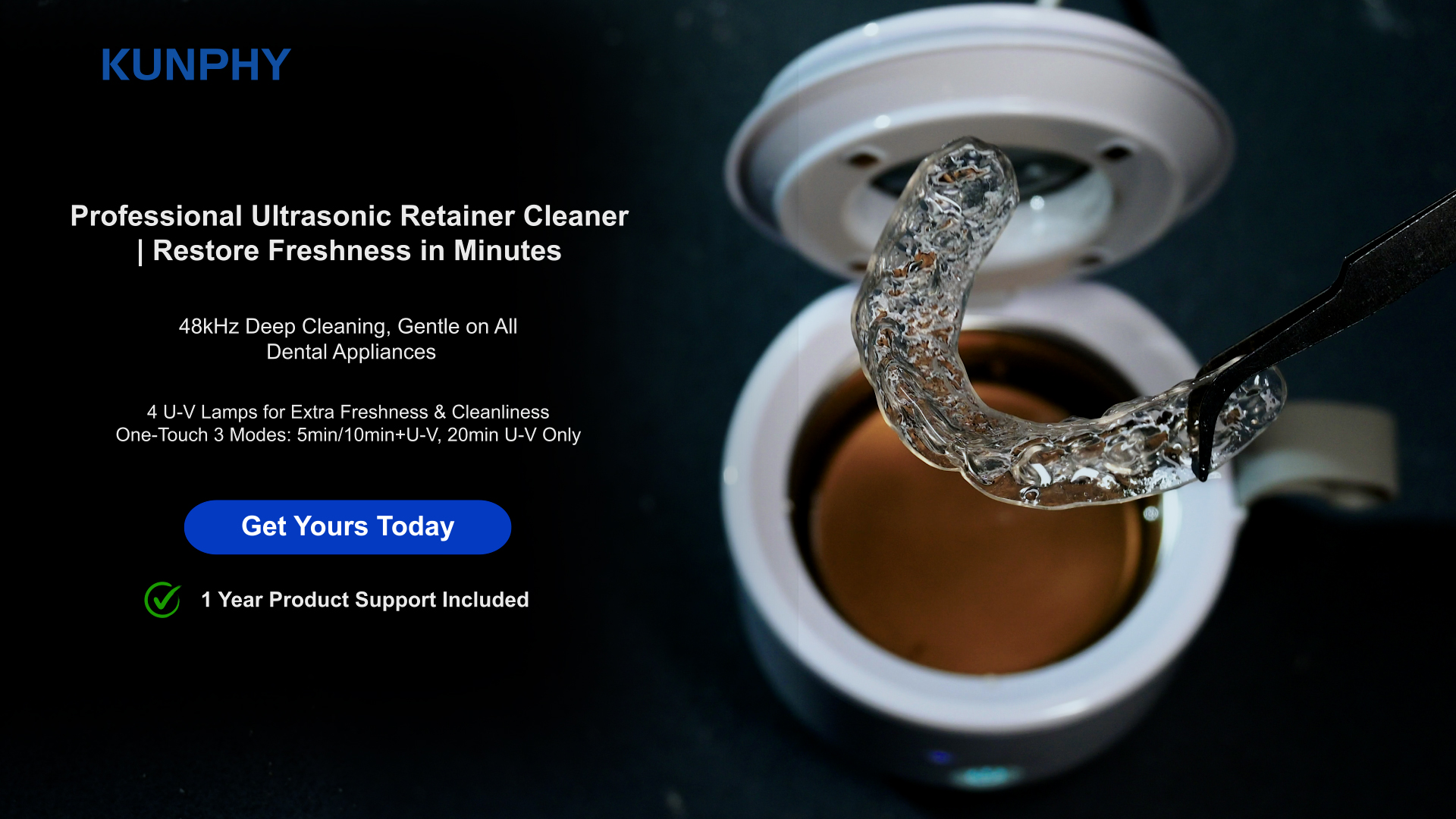 Image of Ultrasonic Retainer Cleaner Machine, 48kHz Dental Cleaning Pod | 5min /10min (Ultrasonic+UV Combo) + 20min Standalone UV, One-Touch Operation, Fits Aligners Retainer Mouth Guards