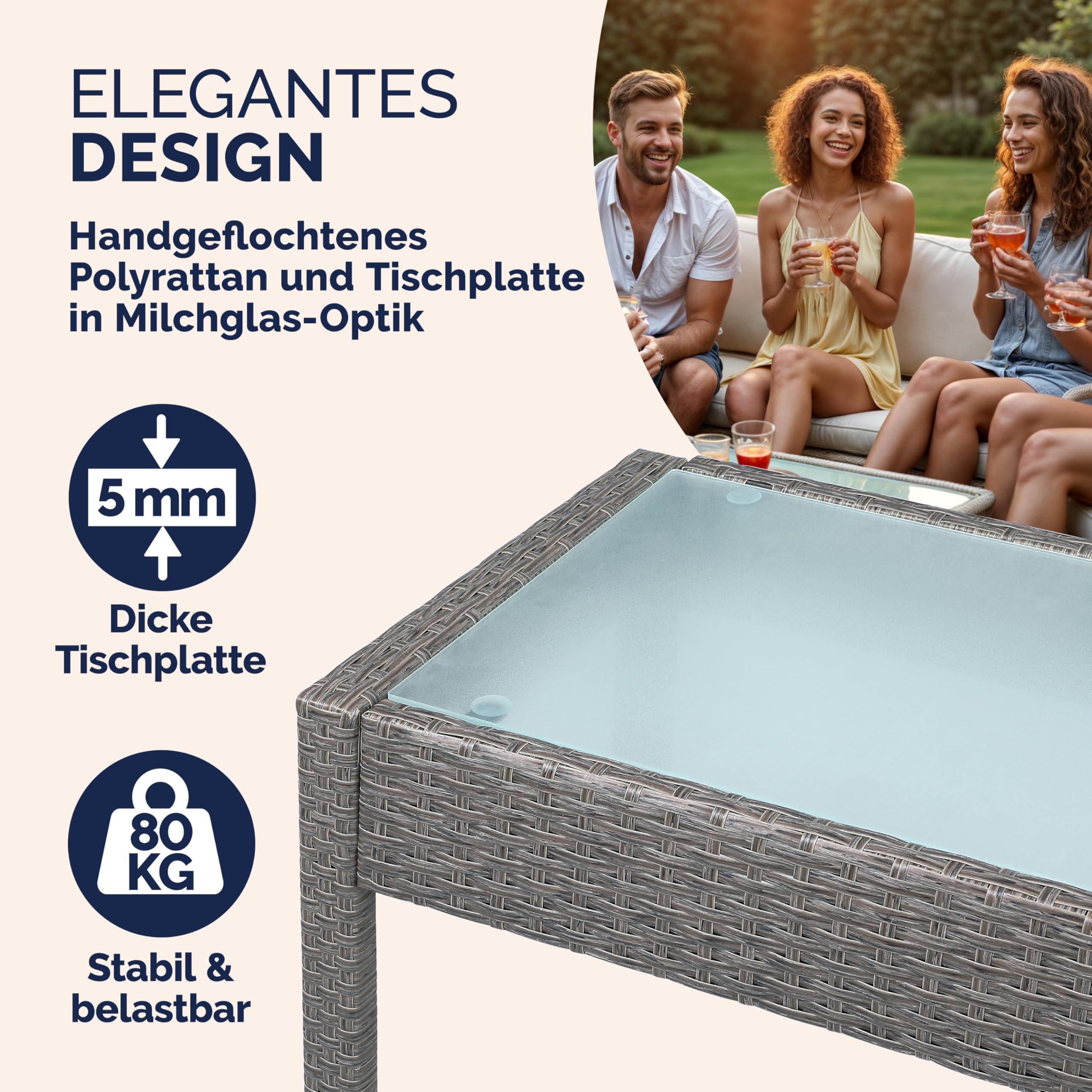 CASARIA Conjunto Muebles Jardín 4 Piezas Poliratán Mesa Cristal Gris | 2 Sillones, Banco, Cojines 5cm, Acero Galvanizado, Repelente Agua, Patas Regulables, 4 Personas, Terraza, Balcón, Ventosas