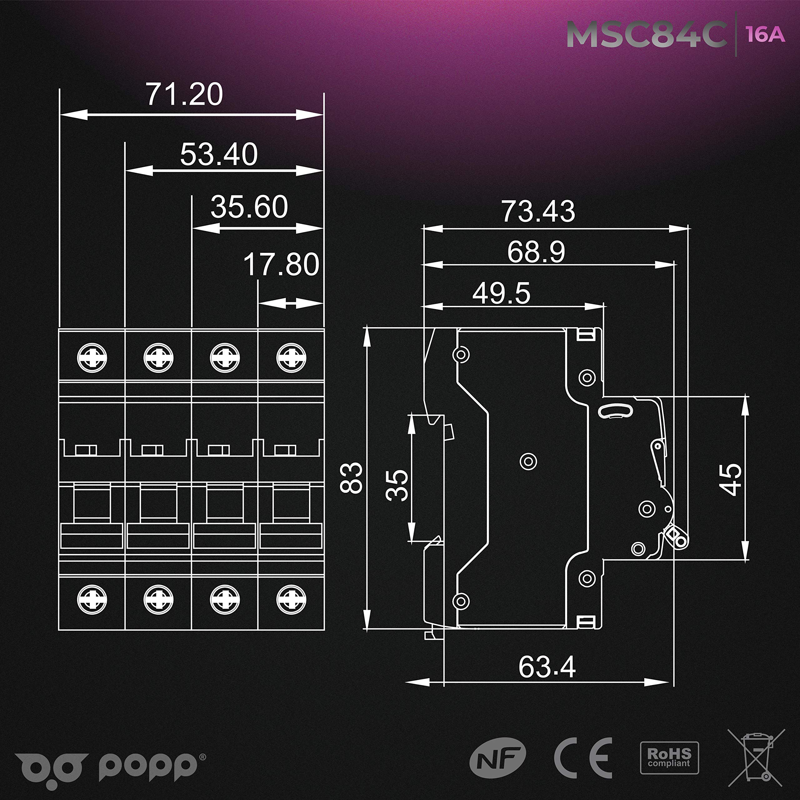 POPP® Interruptor Automático Magnetotérmico 4P serie MSC84 gama Industrial CURVA C corte 6000A 6A,10A,16A,20A,25A,32A,40A,63A Pack 3,6 (Pack 6, 16A)