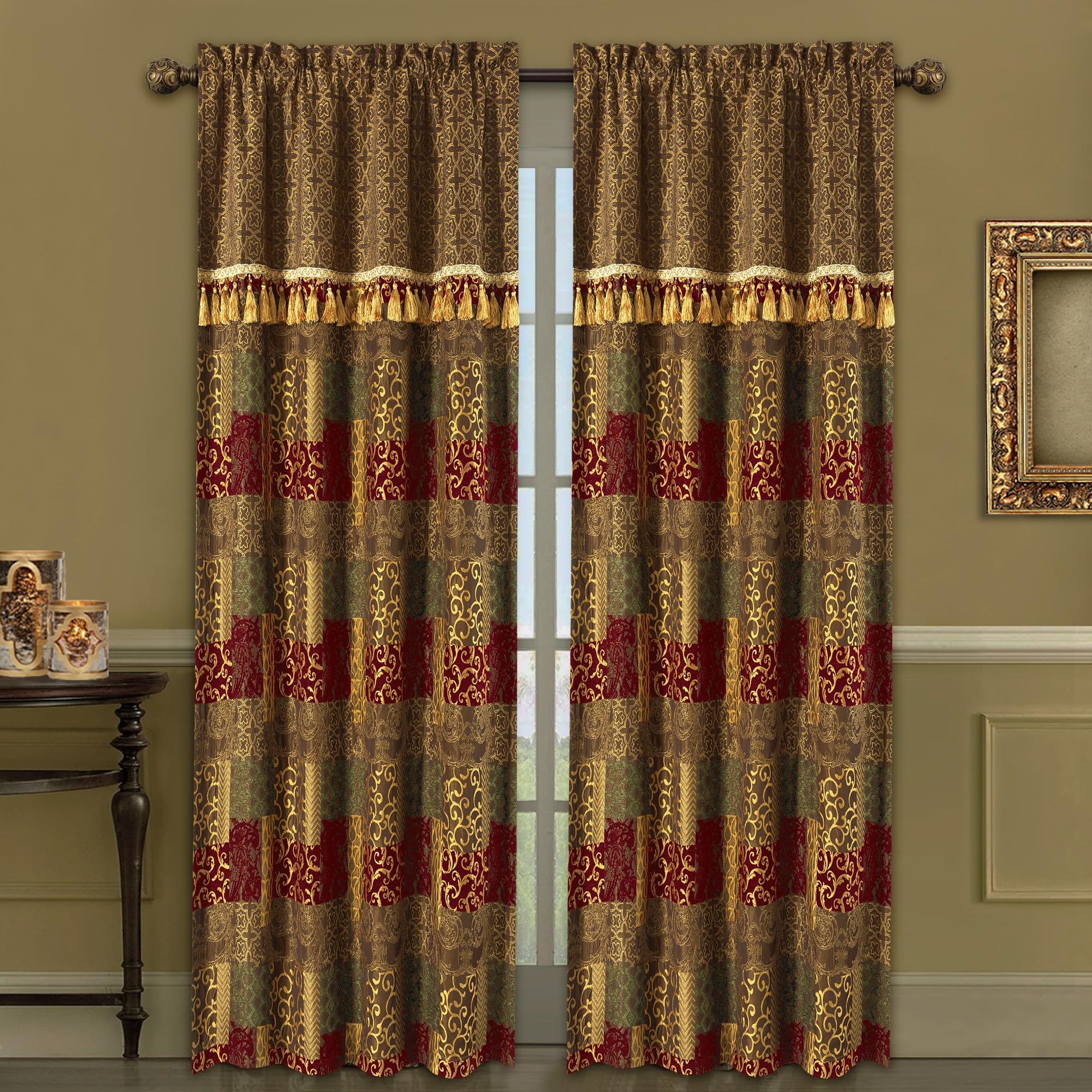 Loom and Mill Luxury Vintage Patchwork Curtains for Bedroom Living Room, Red Gold Chenille Jacquard Curtains 2 Panels with Tassel Trim &Tiebacks,