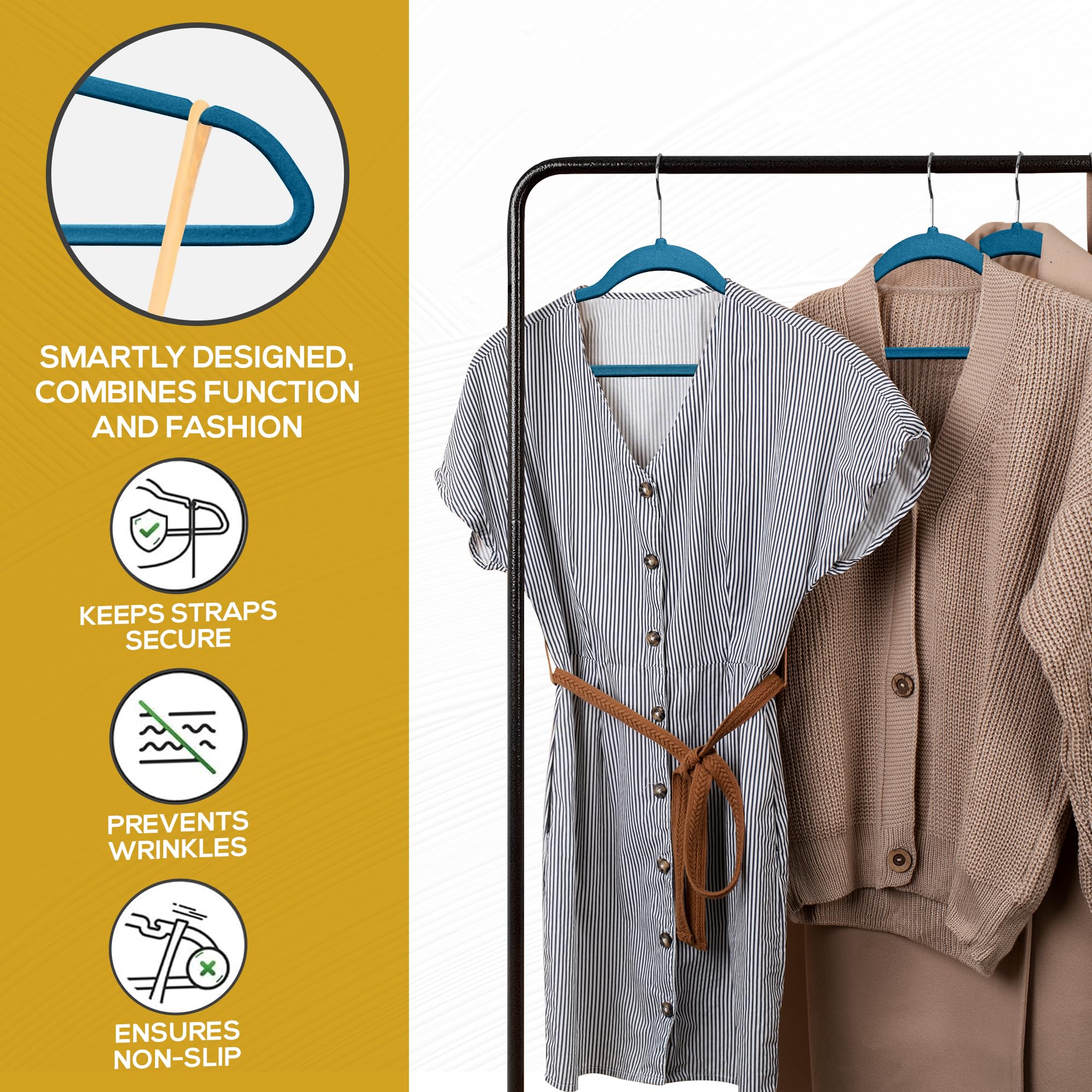 Techzoo Premium-Samt-Kleiderbügel, 50 Stück, ultradünn, rutschfest, für Erwachsene, platzsparend, schmal, Anzugbügel für Schrank, robuste Mäntel, Hosen, Jacken, Kleiderbügel, hält bis zu 4.5 kg, Blau