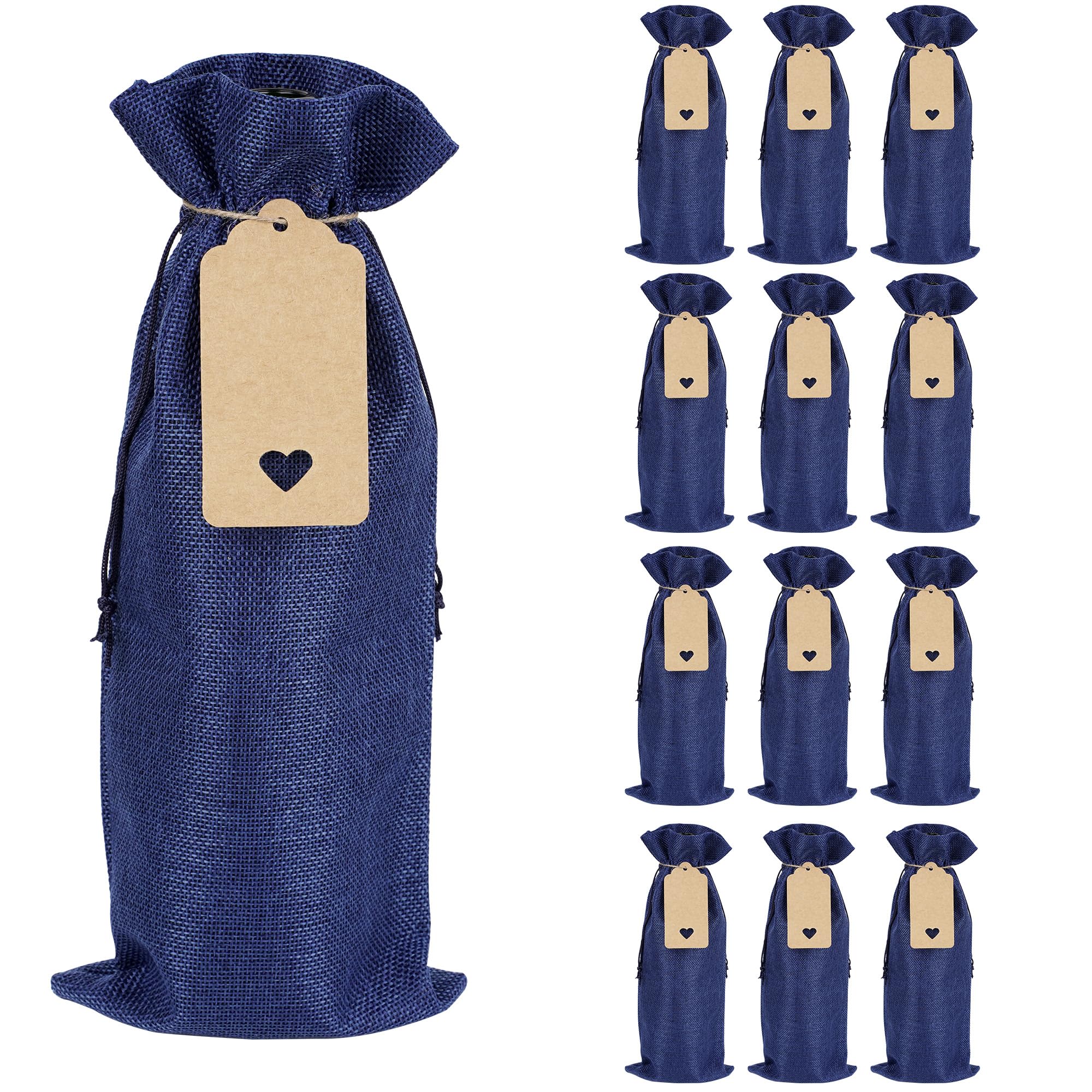 BUNCHBRAVO 12 Pack Burlap Wine Bags with Gift Tags and Jute Rope, Rustic Drawstring Wine Bottle Bags for Weddings, Parties, and Holidays, Navy Blue