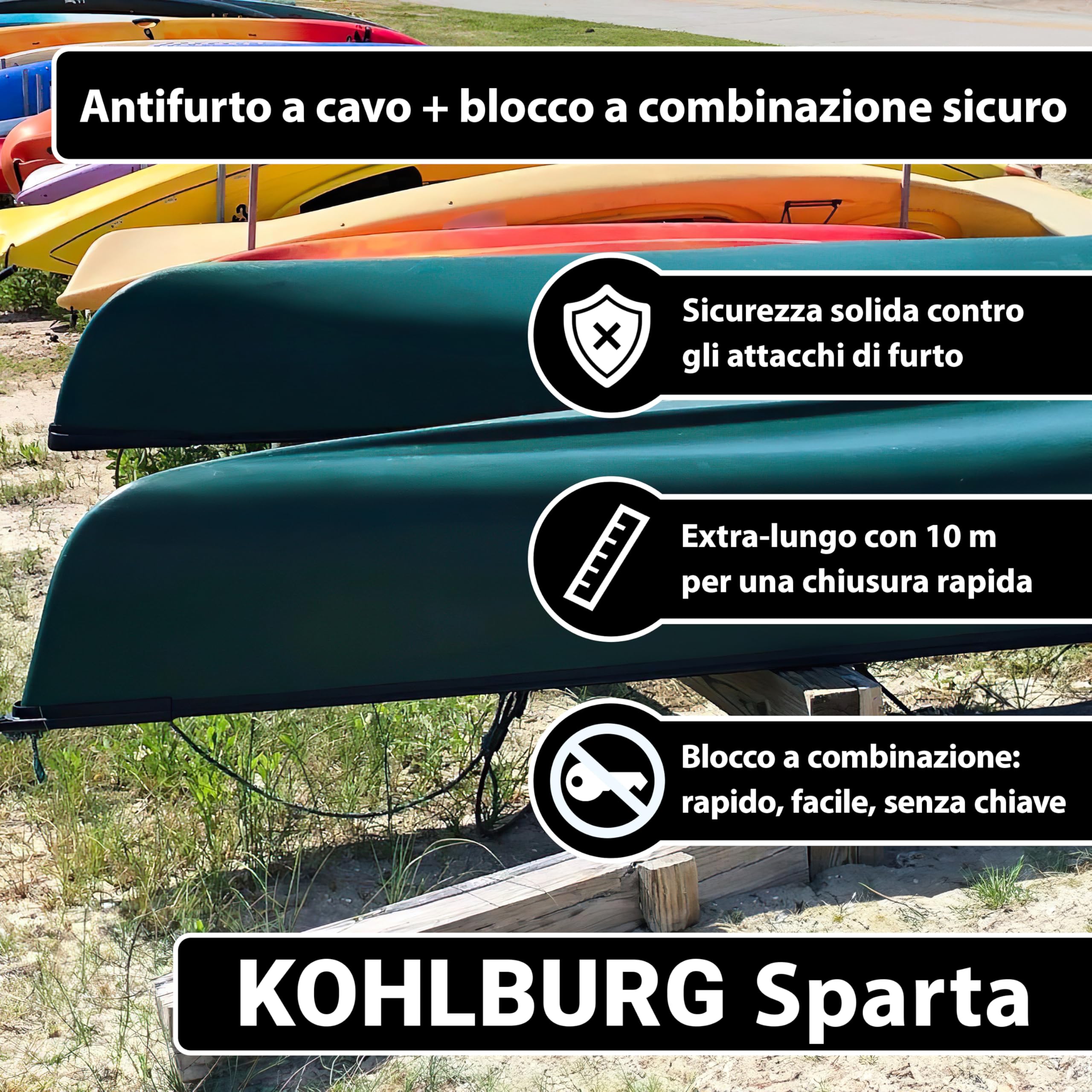 KOHLBURG Antifurto a cavo e combinazione [lungo 10 metri] cavo in acciaio rivestito con fascette e lucchetto a codice più biciclette, barche, mobili da giardino – lucchetto a cavo 10m