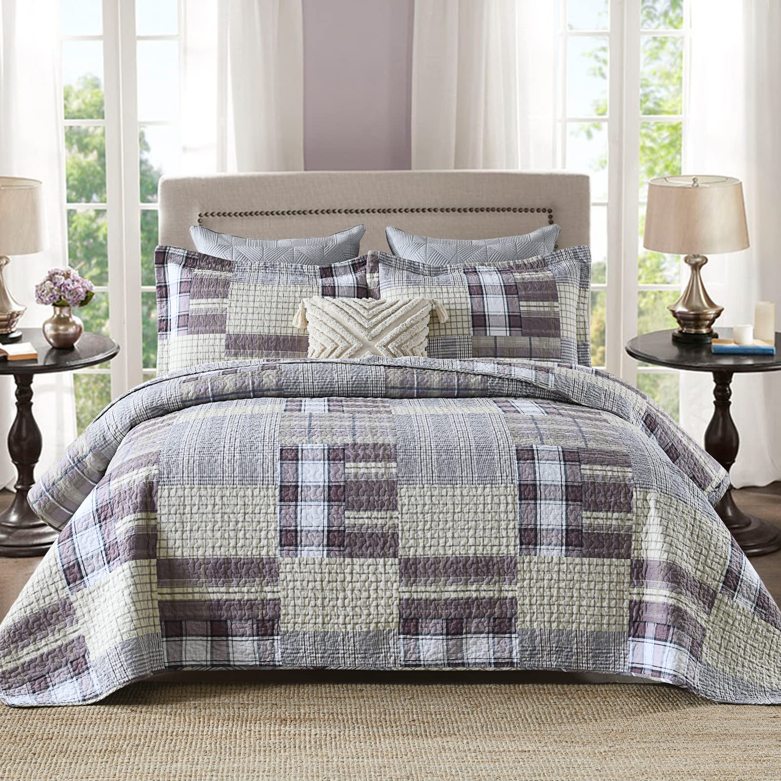 Photo 1 of Finlonte Quilts Queen Size, 100% Cotton Lightweight Summer Queen Quilt, Cabin Plaid Queen Quilted Bedspread, Purple White Reversible Queen Quilt Bedding Set for All Season, 3 Piece Purple/White Queen (90"x98")