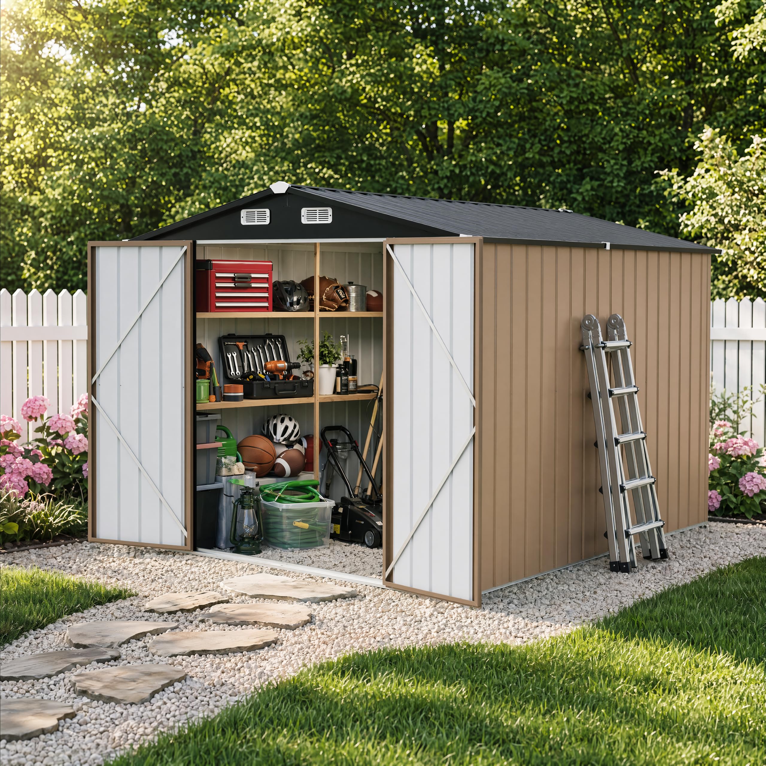 LAUSAINT HOME 8 x 10 FT Outdoor Storage Shed, Heavy Duty Galvanized Steel Storage Shed, Brown