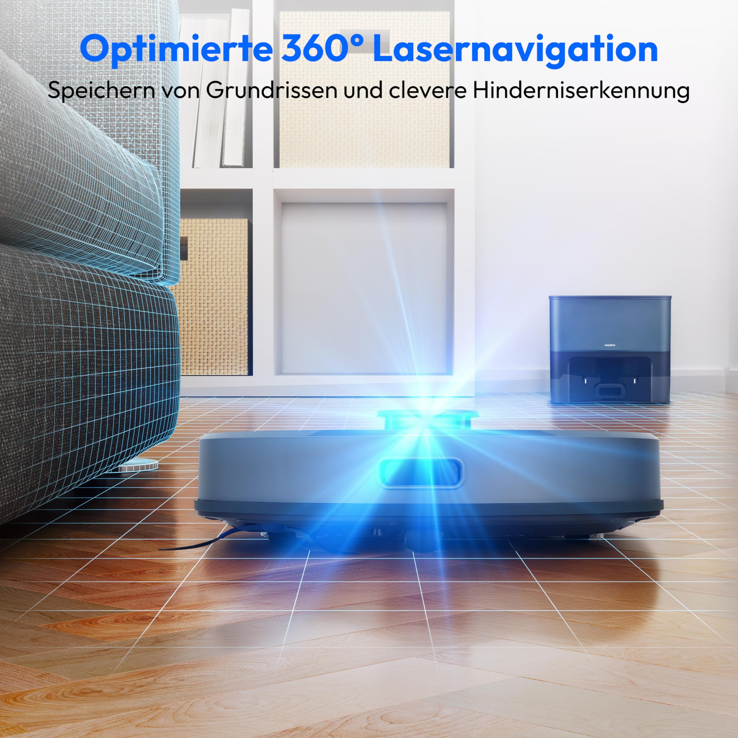 MEDION Saugroboter mit Absaugstation und Wischfunktion X23 SW+ (Lasernavigation, Starke 5000Pa Saugkraft, 2in1 Roboterstaubsauger, präzise Kartenerstellung, Go & No Go Bereiche, mehrere Etagen) blau
