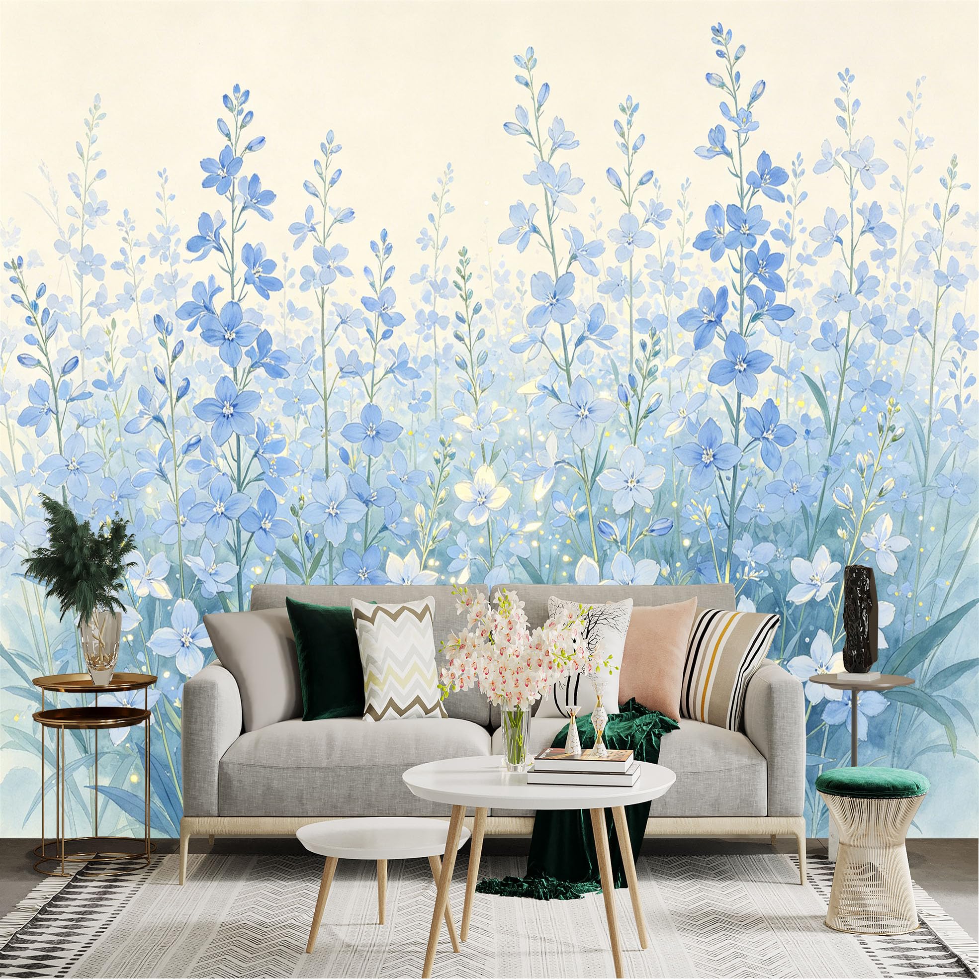 Lnzczhyre Dbh260521163 Custom Size Wall Sticker Mural， Watercolor Blue Delphinium Flowers， Soft Floral Botanical Pattern， Serene Meadow Scenery， For Wall Decoration， Peelandstick Wall Decals.