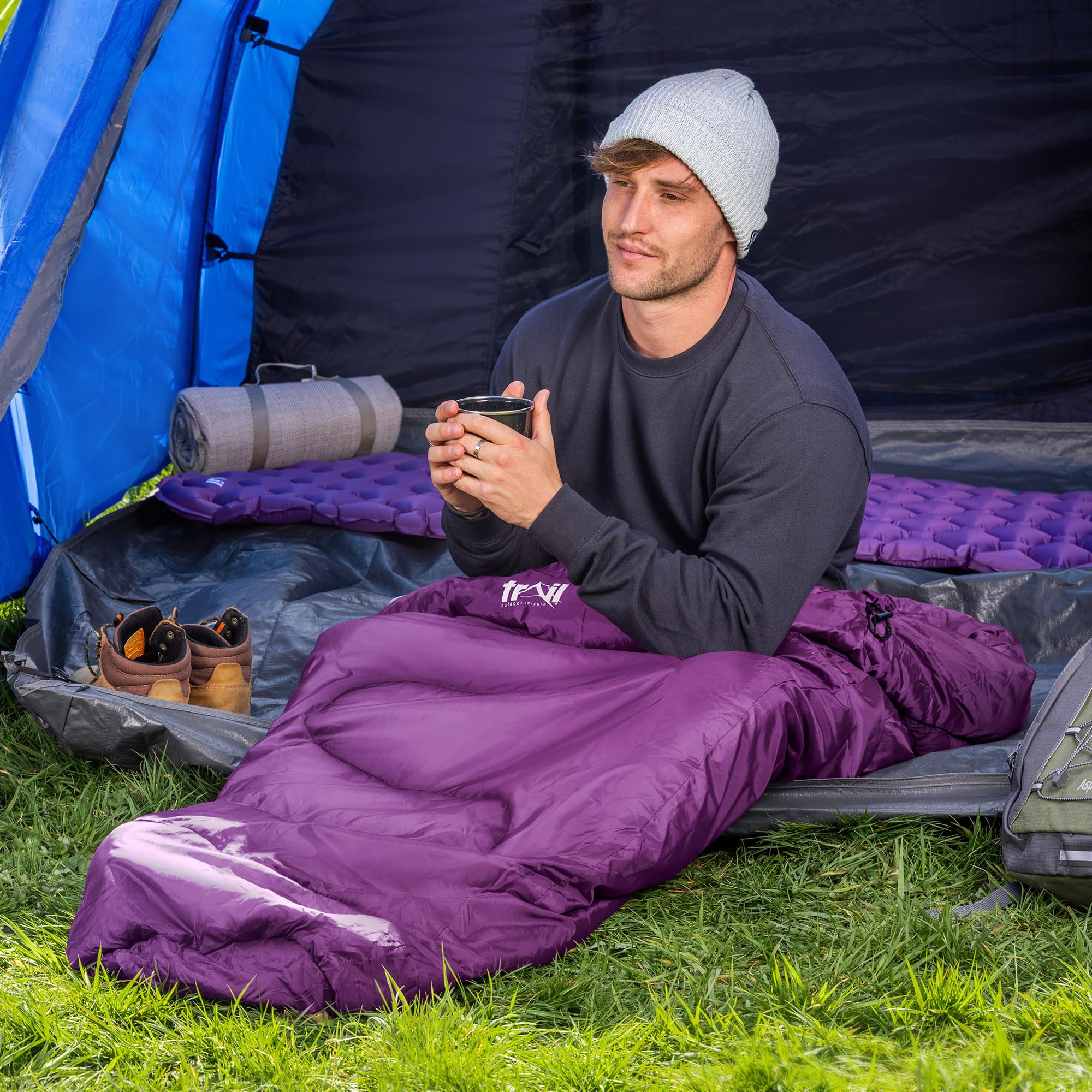 Trail 1-Personen Schlafsack für Erwachsene – Schlafsack 3 Jahreszeiten, Outdoor Frühling Herbst Winter – 300 GSM – für Camping im Freien – Innentaschen - Leichter Kompressionssack