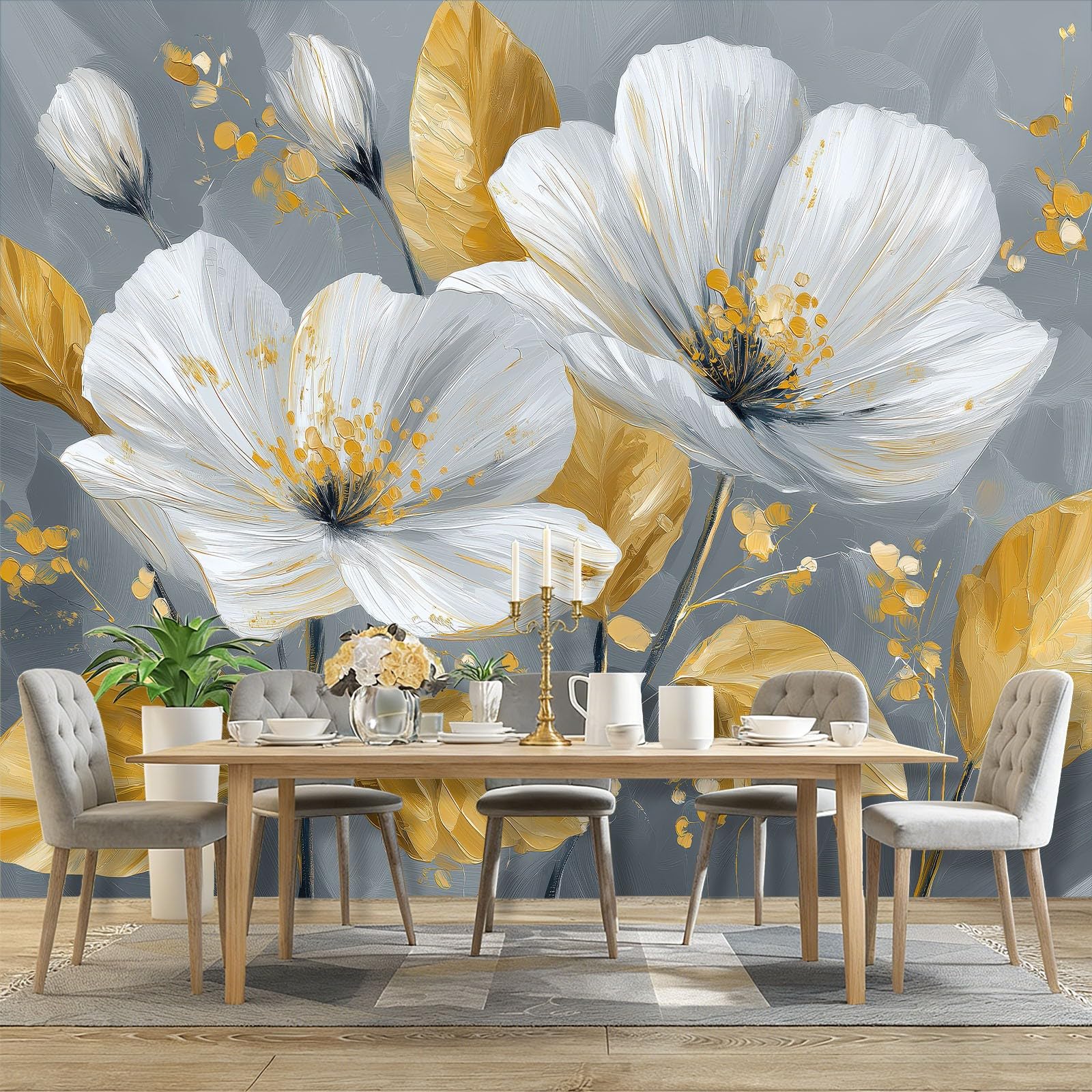 Fototapeta 350 x 256 cm ściany dekoracja salonu design elegancja rośliny kwiaty obraz olejny do sypialni salonu tapeta z włókniny, złoty szary