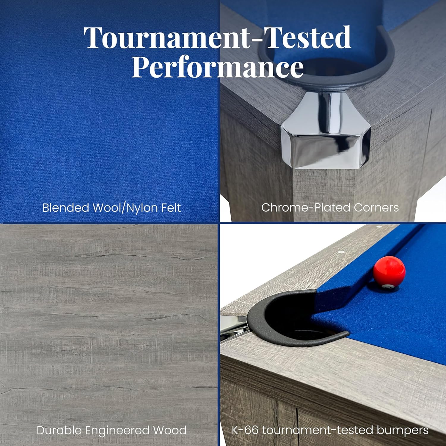 Hathaway Newport 7 Foot Pool Table Combo – 3 in 1 Game Table with Reversable Table Tennis Top & Dining Top – Includes Game Accessories & Two Benches – Chrome Accents, Rustic Gray Finish, Blue Felt