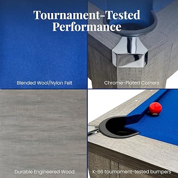 Hathaway Newport 7 Foot Pool Table Combo 3 in 1 Game Table with Reversable Table Tennis Top & Dining Top Includes Game Accessories & Two Benches Chrome Accents, Rustic Gray Finish, Blue Felt