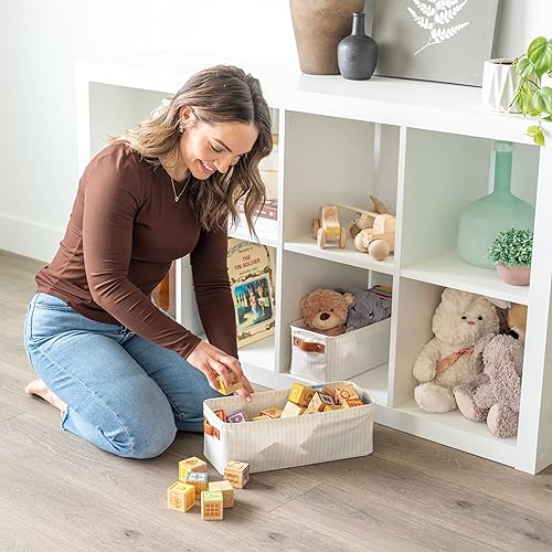 Vista 157 de OrganiHaus - Canastas de almacenamiento estrechas, 15 x 06 pulgadas, pequeñas, para estantes, armarios, baños, organizador de tela con asas, Beige