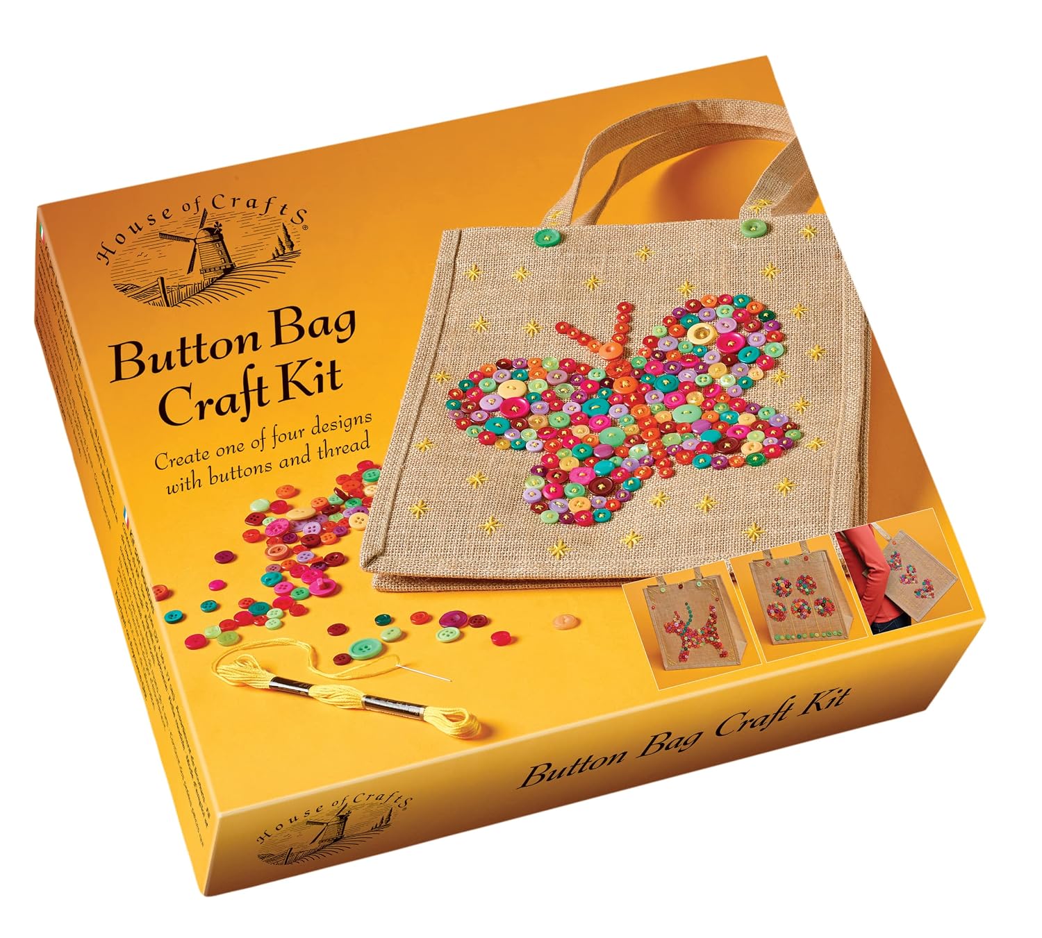 House Of Crafts Button Bag Craft, Single Craft Kit Set, Multicoloured, Includes 27x30x17cm Jute Bag, Buttons