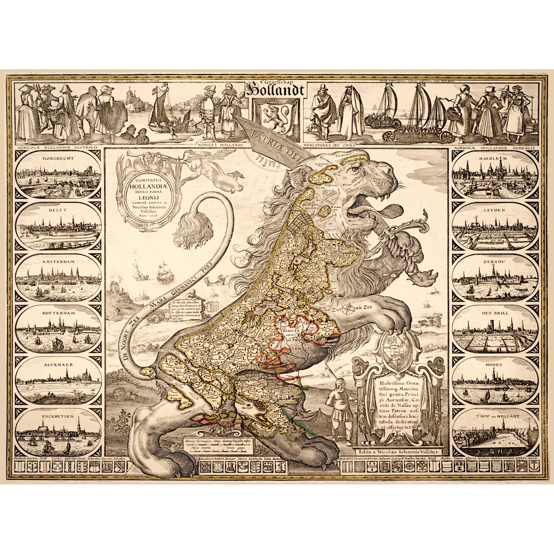 Wee Blue Coo Map Antique Lion Netherlands Leo Visscher Art Large Art Print Poster Wall Decor 18x24 inch