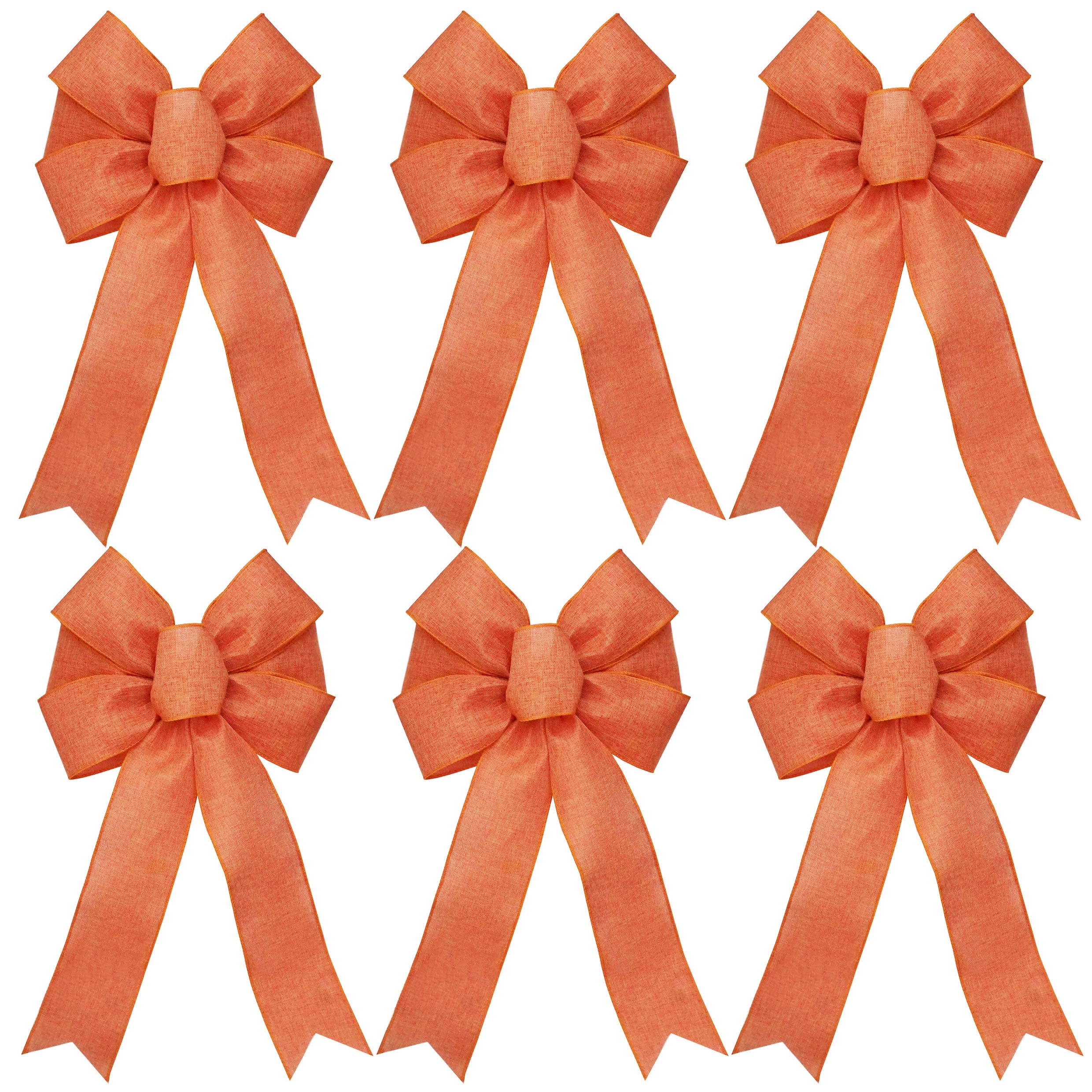 Ruwen 10'' x 16'' Orange Burlap Bow, Rustic Autumn Wreath Bow, Thanksgiving Harvest Halloween Fall Bow for Wreath, Outdoor Bows for Porch, Orange Tree Topper, 6Pcs (Orange)