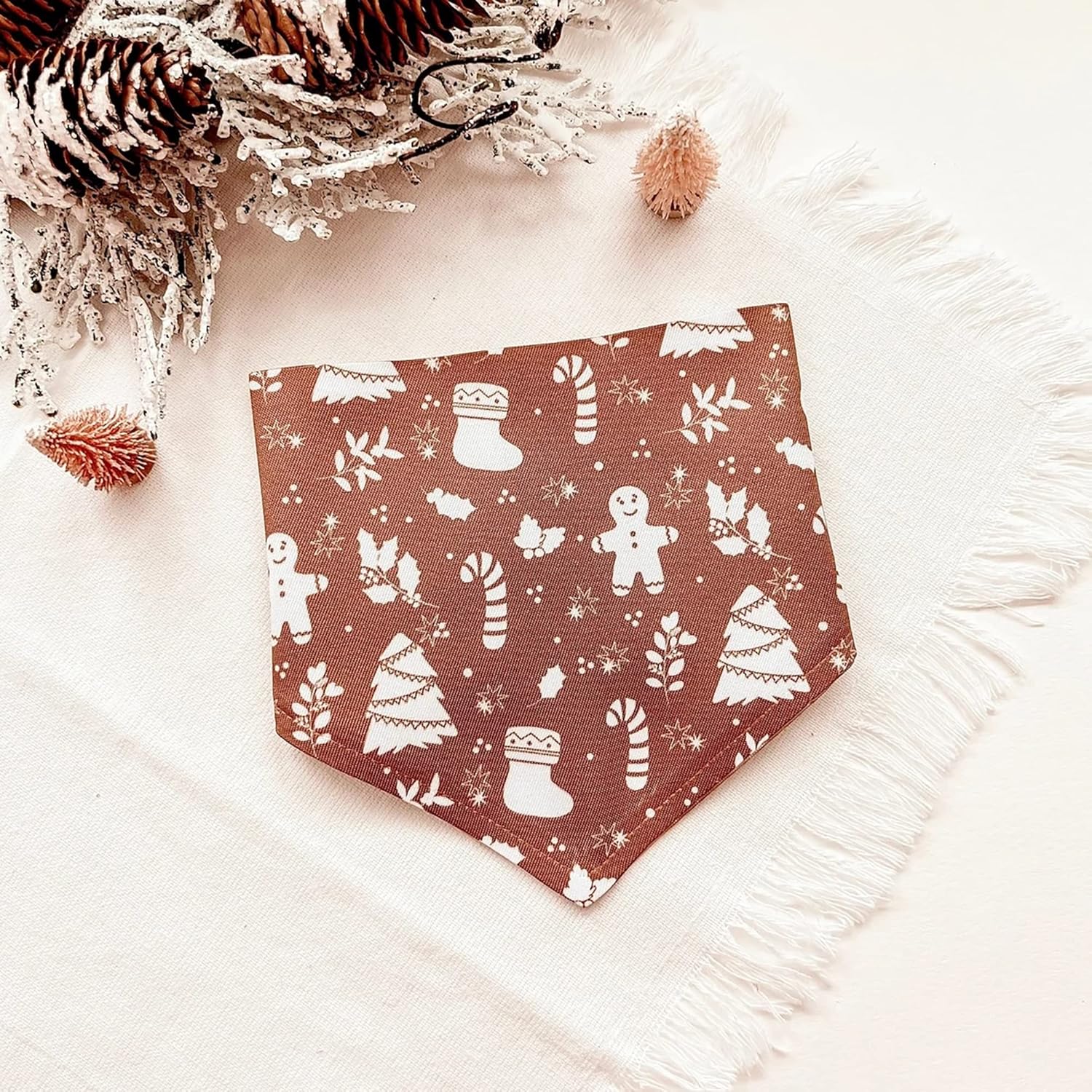 Boho Christmas Elements Bandana, Over The Collar Dog Bandana, Cat Bandana, Pet Accessories, Brown Color Pallet, Christmas Theme Bandana (Large)