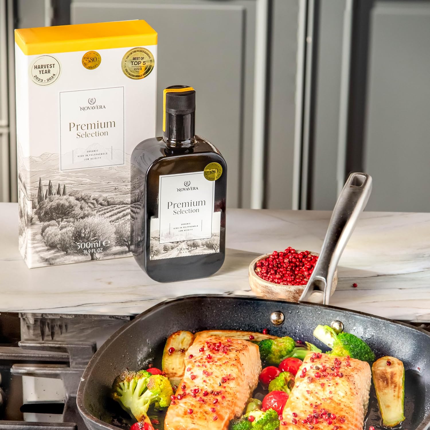 NVG NOVAVERA 1,000+ MG/KG High Polyphenol Rich Olive Oil, Early Harvest, USDA Organic Drinking Extra Virgin Olive Oil, Evoo World Ranking Top 1, Low Acidity, Cold Pressed, 16.9 oz