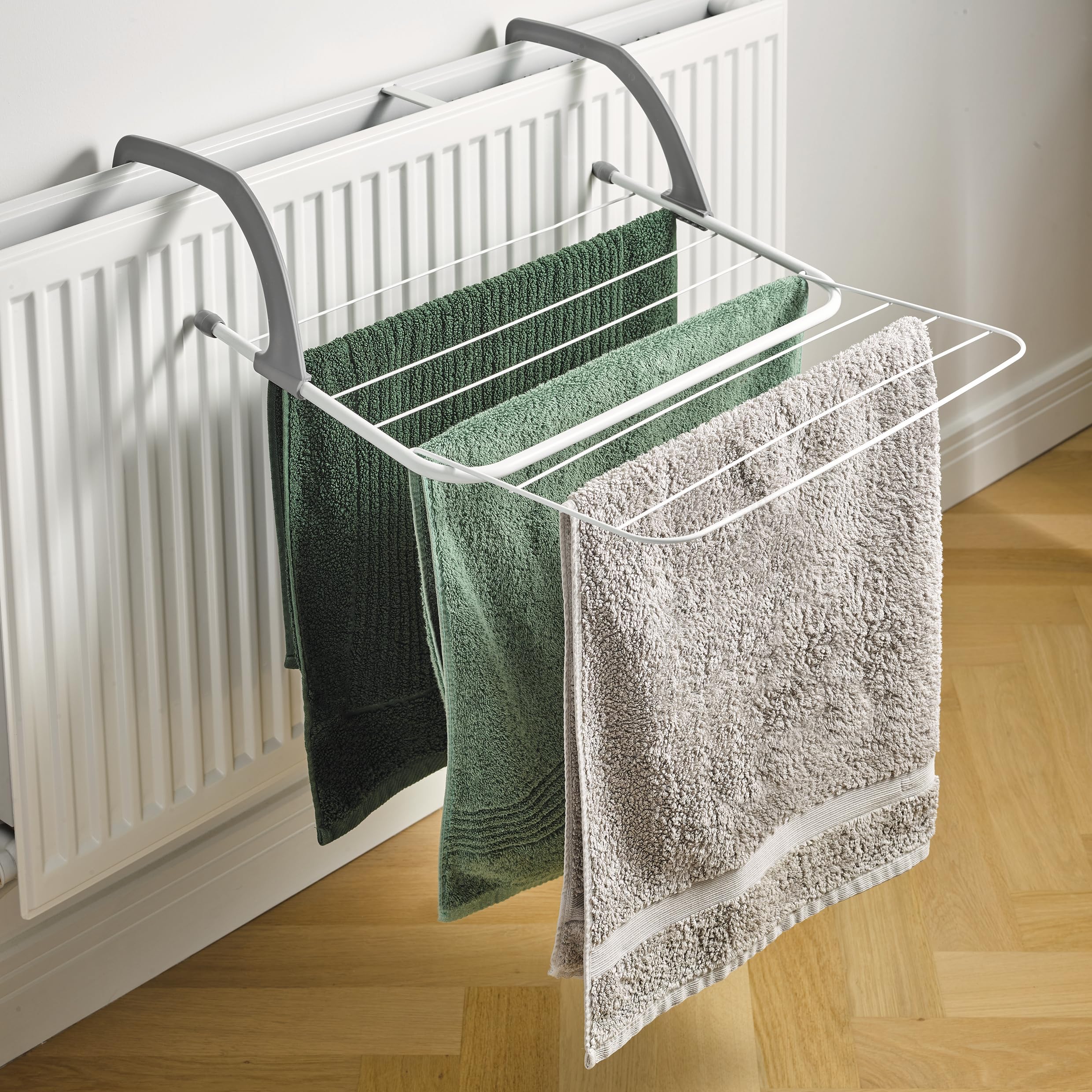 Mysmartbuy.com White & Grey Hanging Radiator Dryer Rack – Space Saving Foldable Extendable Indoor Home Drying Airer With 9 Large Capacity Rails For Clothes, Towels & More – Measures H15 X W51 X D33-53Cm